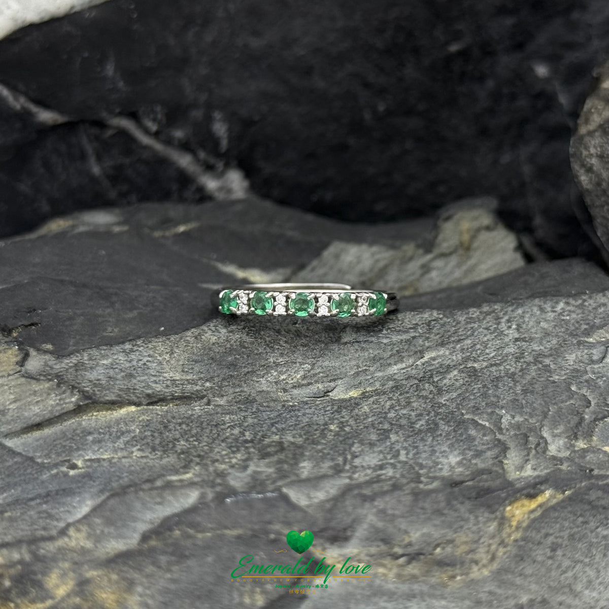 Green Emerald and White Zircon Alternating Ring