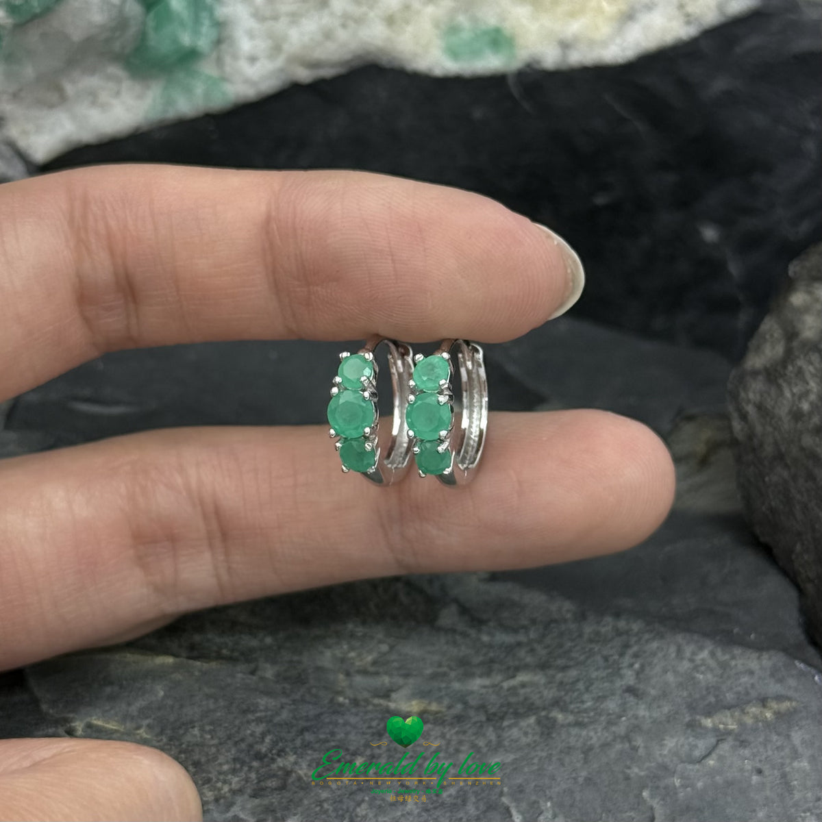 Hoop Earrings with Triple Colombian Emerald Details