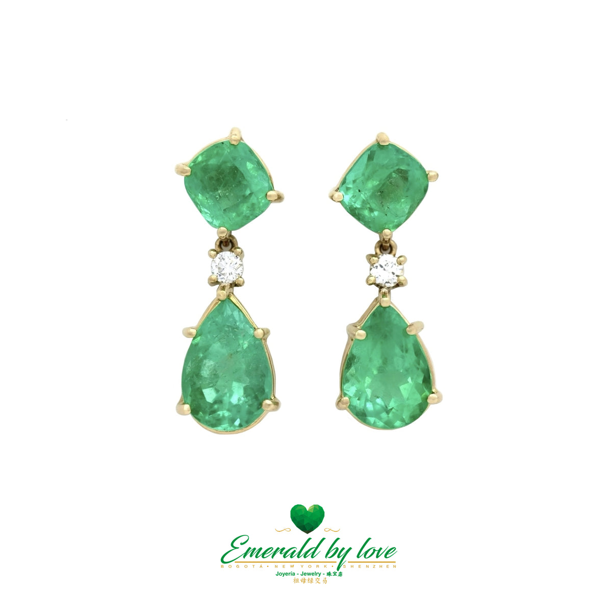 Yellow Gold Emerald Drop Earrings with Pear and Cushion-Cut Emeralds