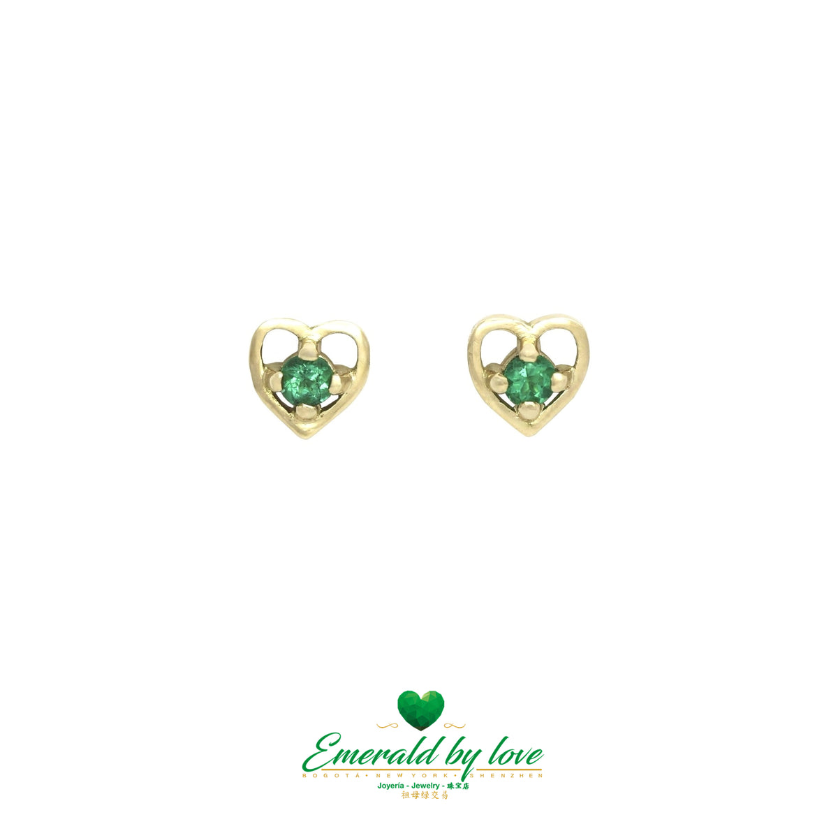 Heart-Shaped Yellow Gold Earrings with Round Colombian Emeralds