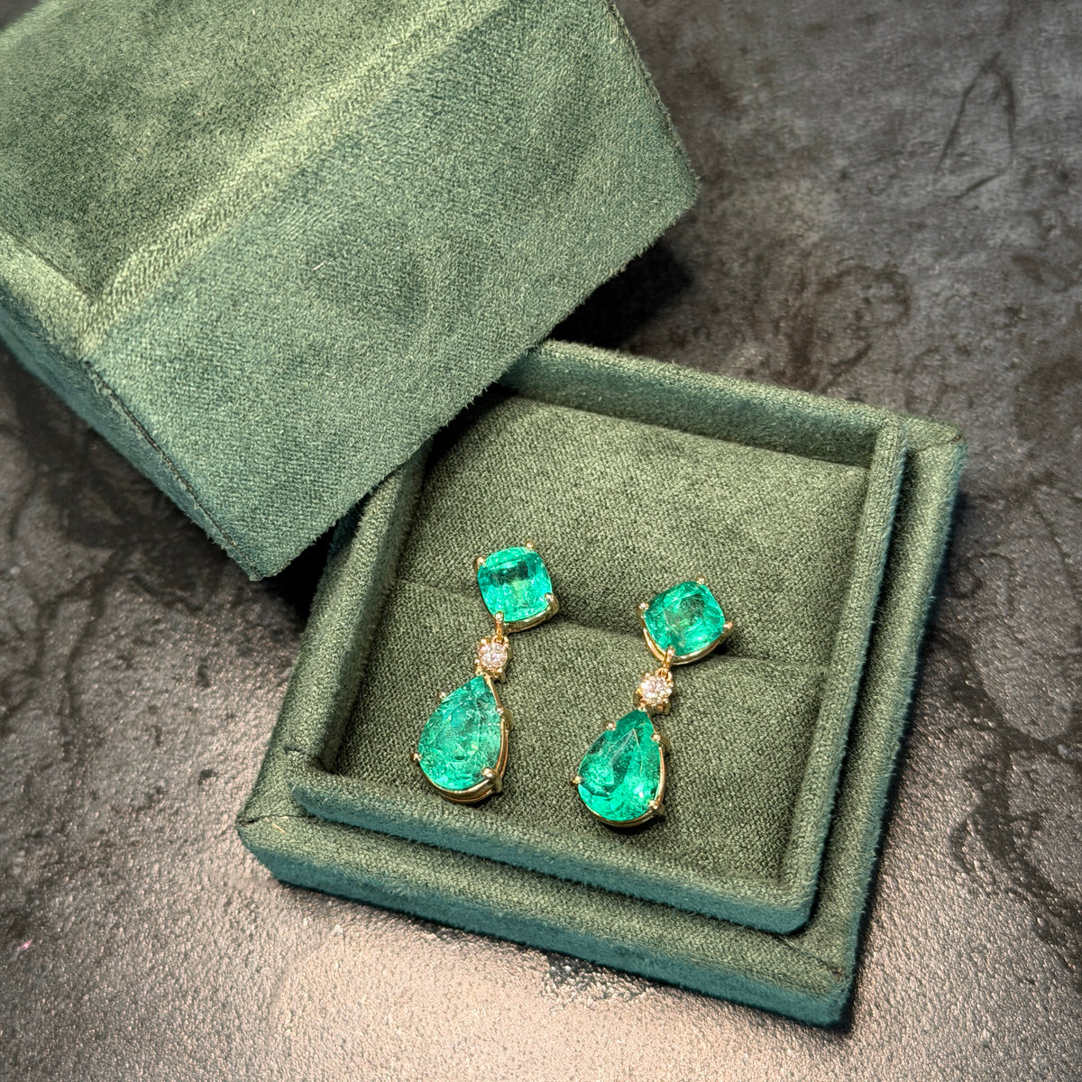 Yellow Gold Emerald Drop Earrings with Pear and Cushion-Cut Emeralds