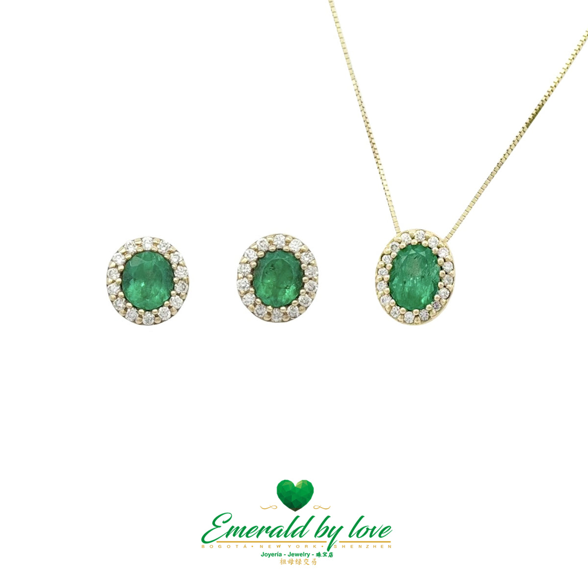 Yellow Gold Set with Oval Emeralds and Diamond Halo