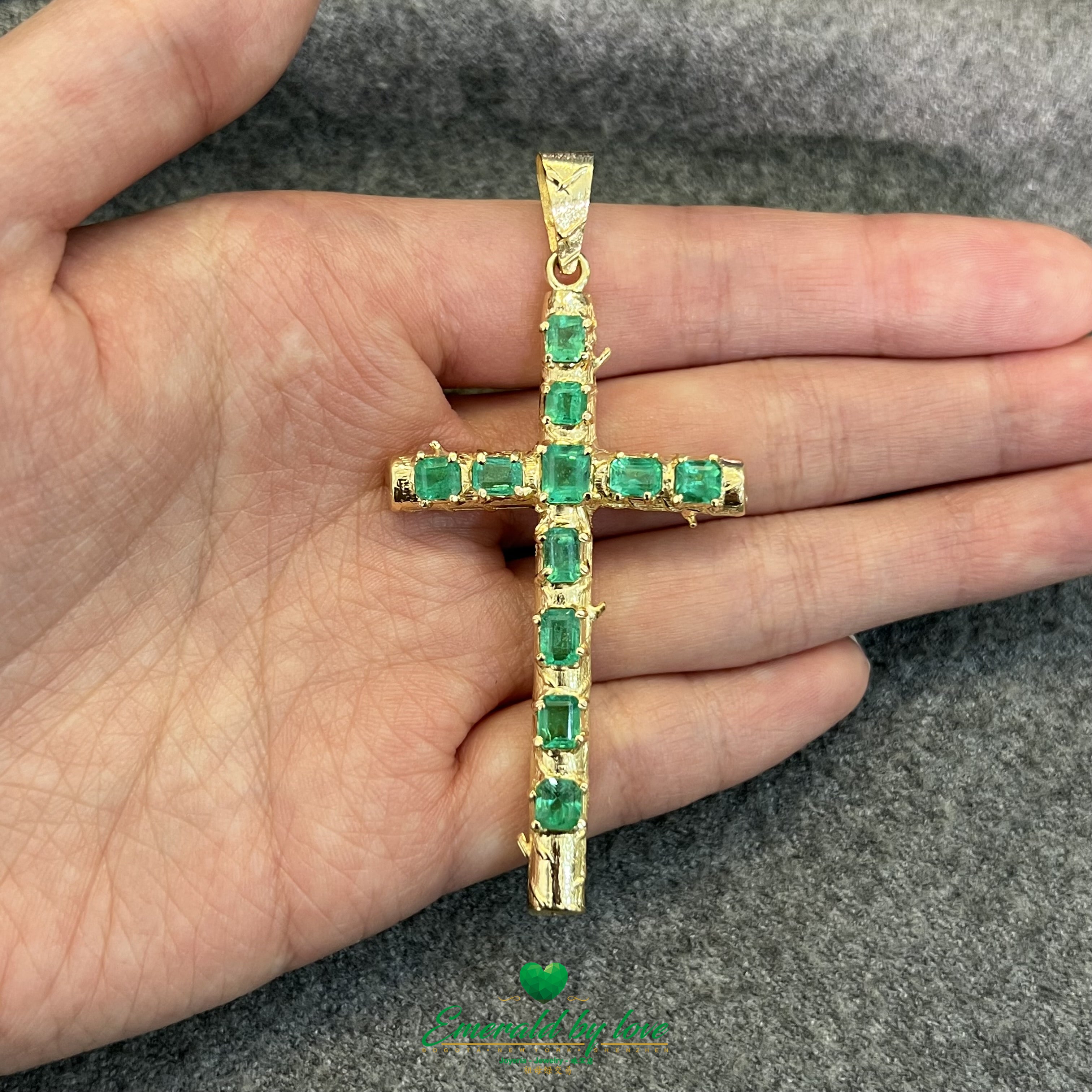Large Gold Cross Pendant with Crystal-Toned Emerald Cut Colombian Emeralds