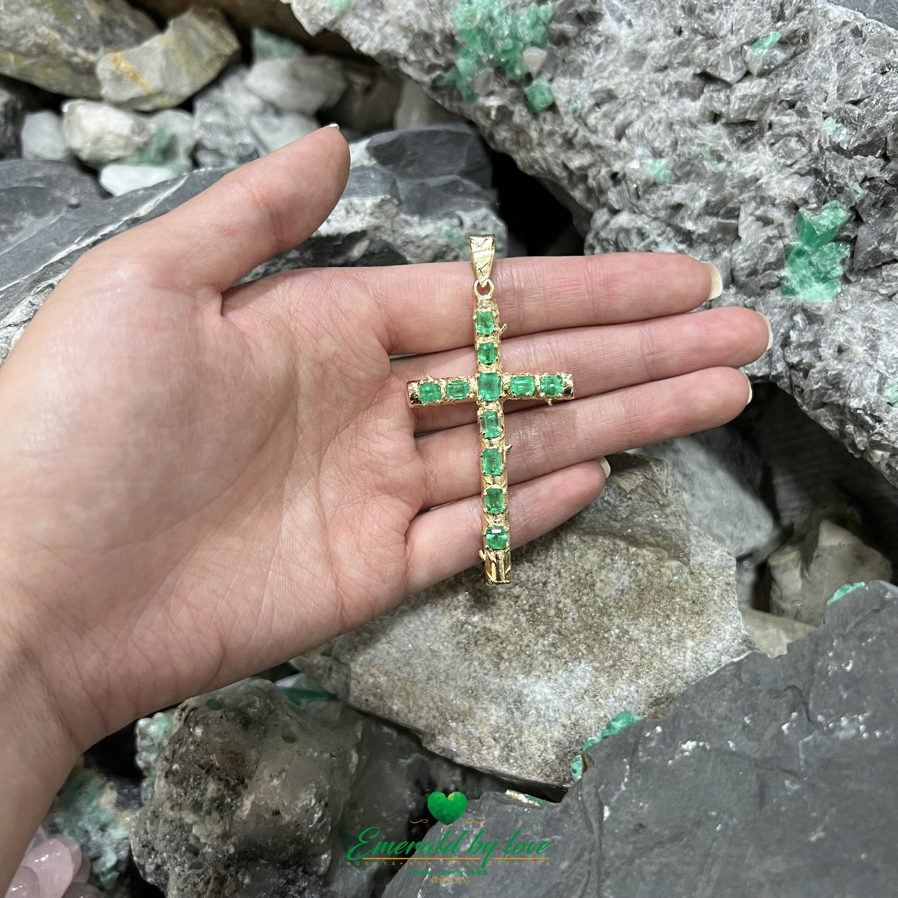 Large Gold Cross Pendant with Crystal-Toned Emerald Cut Colombian Emeralds