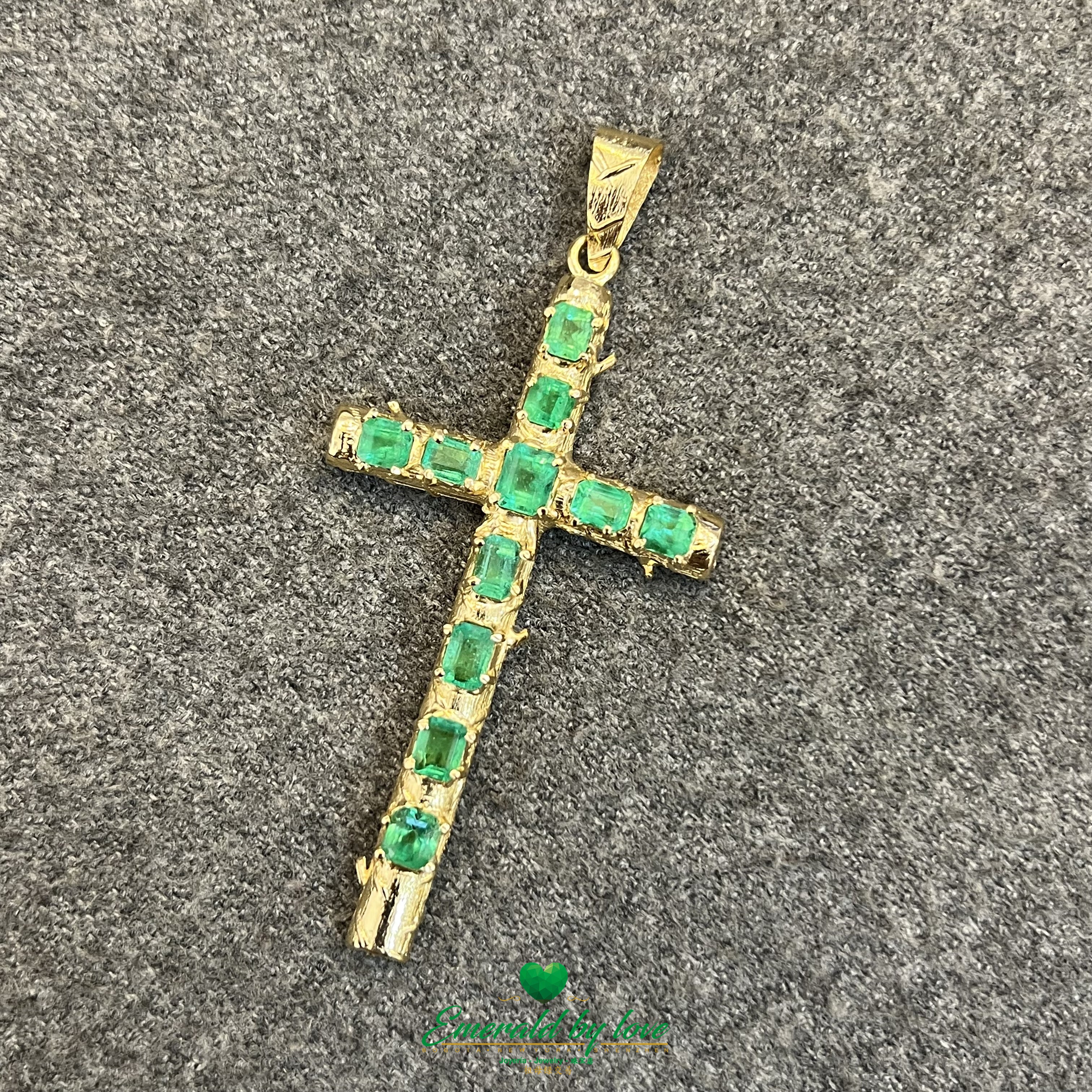 Large Gold Cross Pendant with Crystal-Toned Emerald Cut Colombian Emeralds