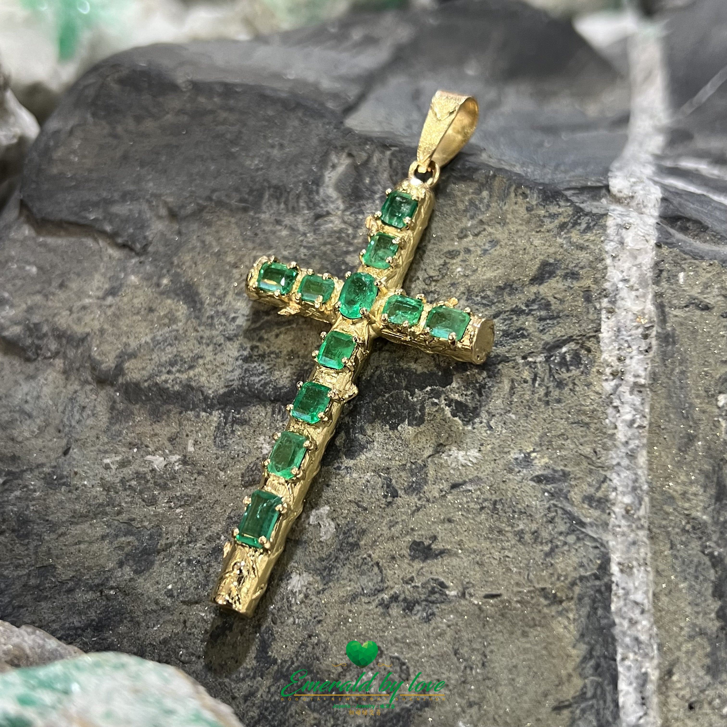Gold Cross Pendant with Central Oval Emerald & Rectangular Emerald Arms