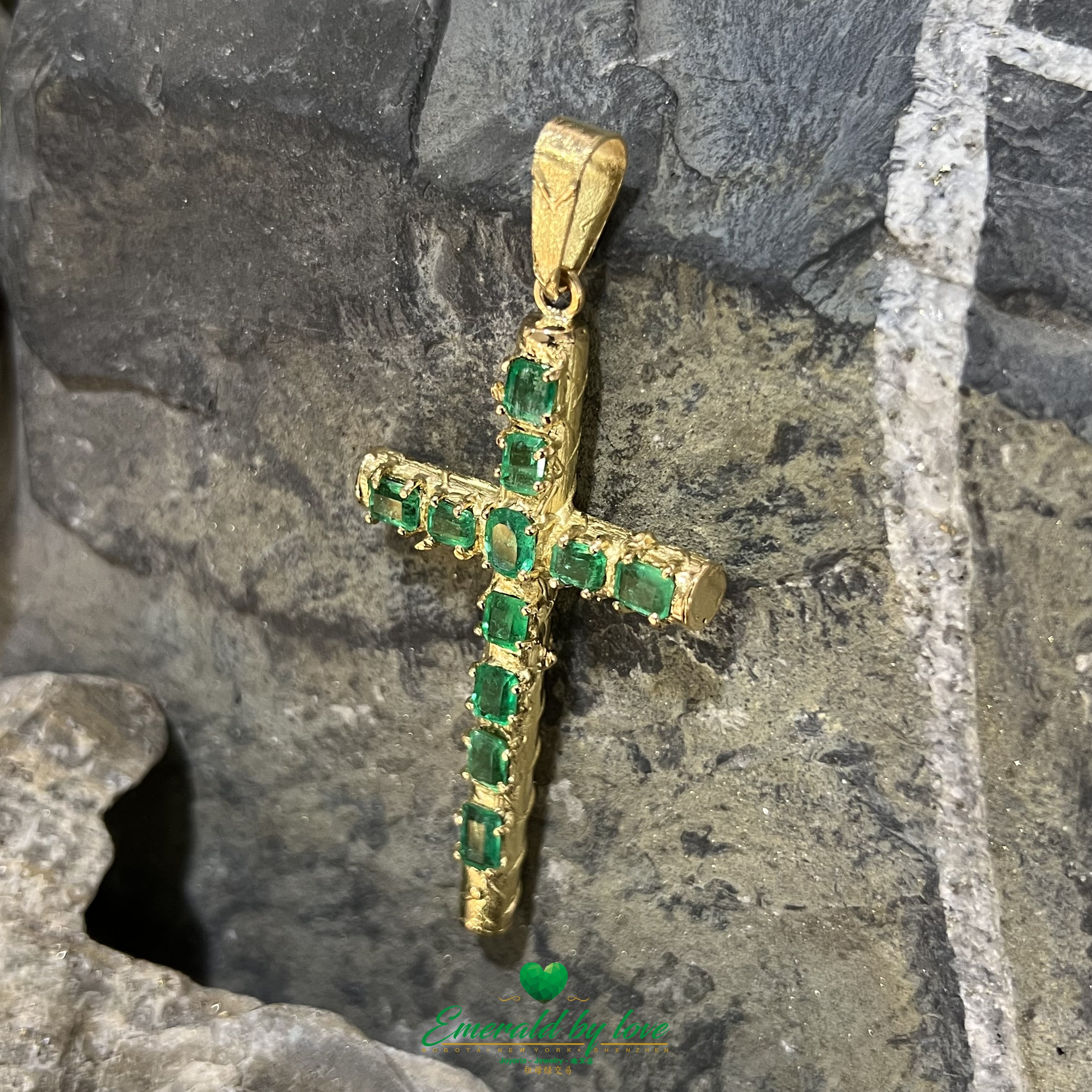 Gold Cross Pendant with Central Oval Emerald & Rectangular Emerald Arms