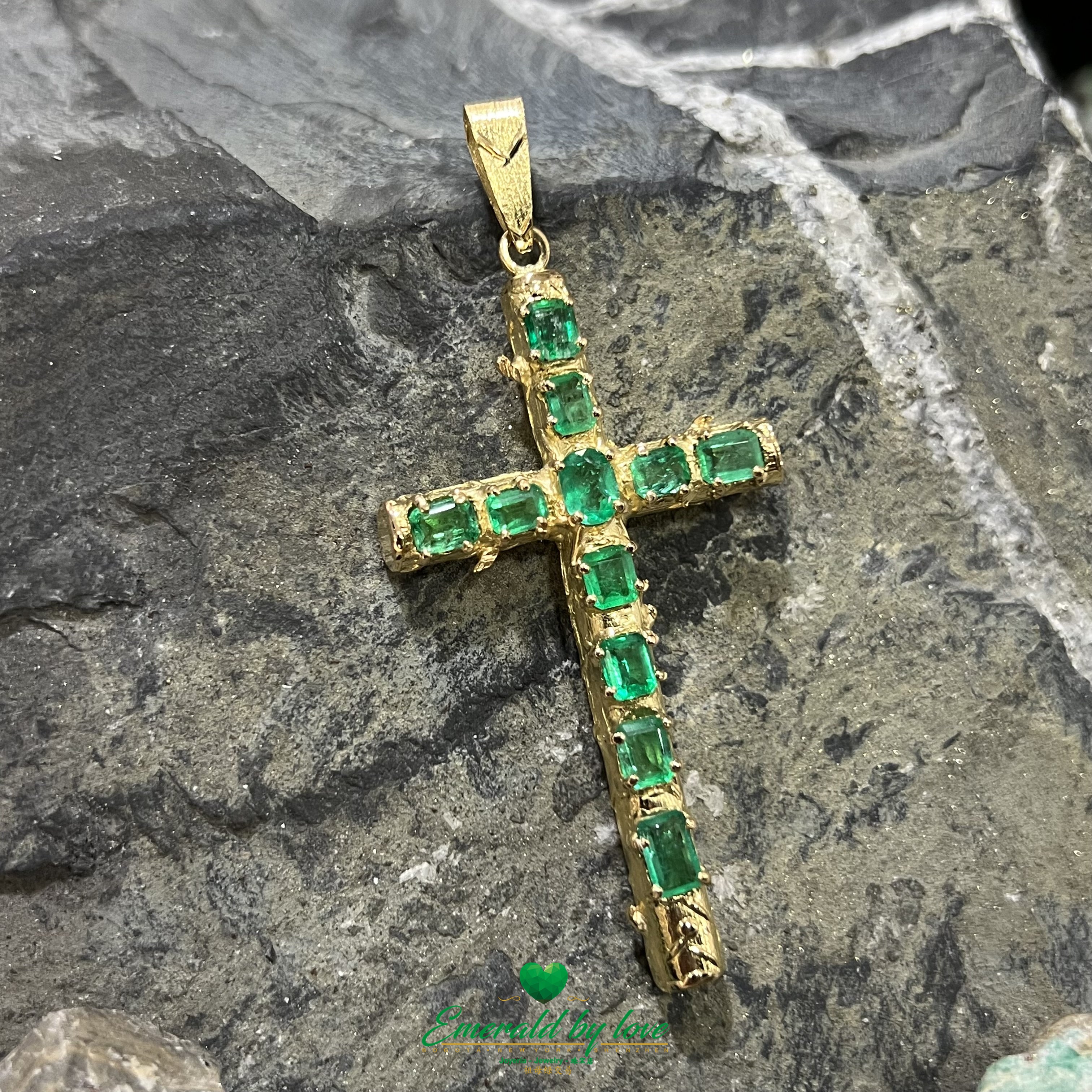 Gold Cross Pendant with Central Oval Emerald & Rectangular Emerald Arms