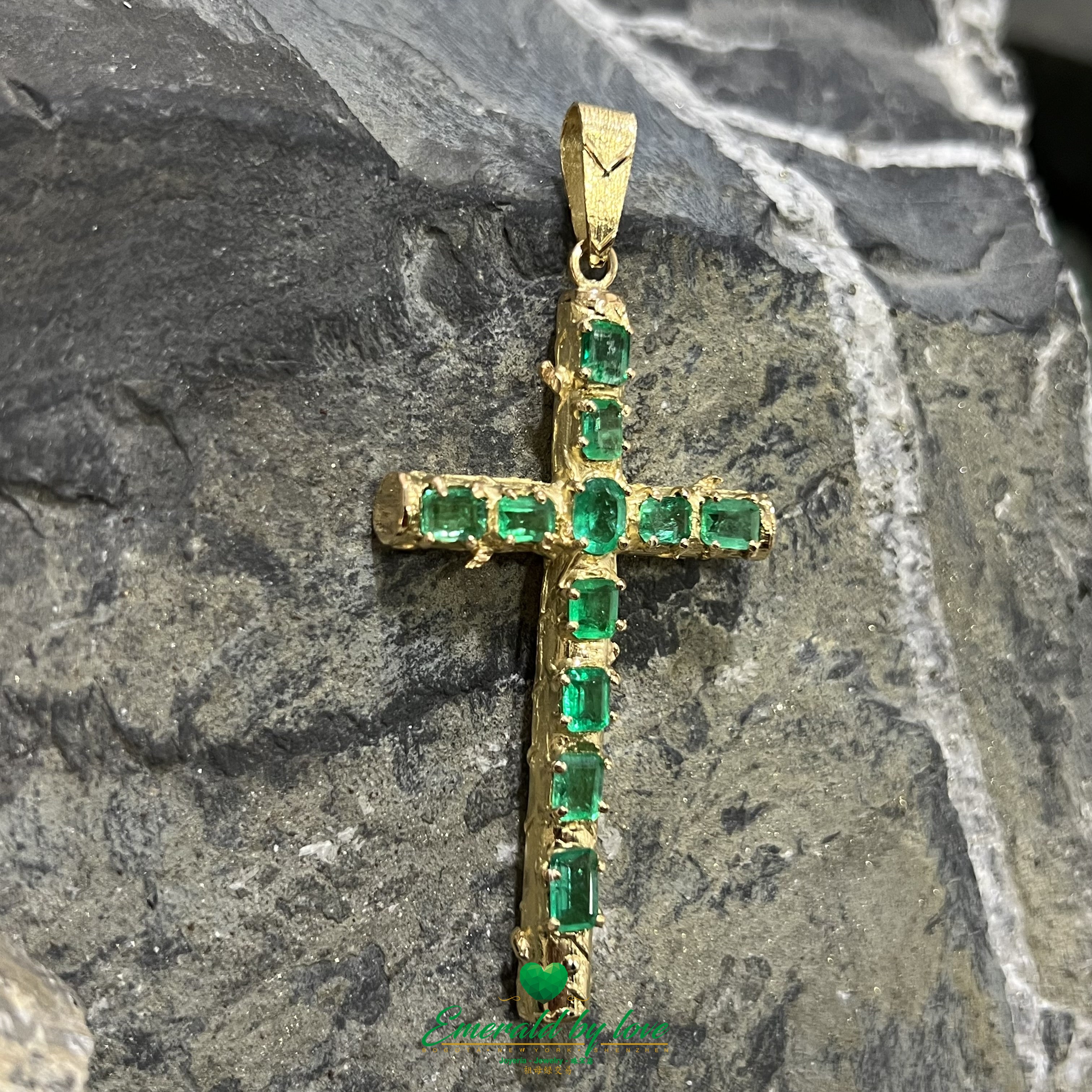 Gold Cross Pendant with Central Oval Emerald & Rectangular Emerald Arms