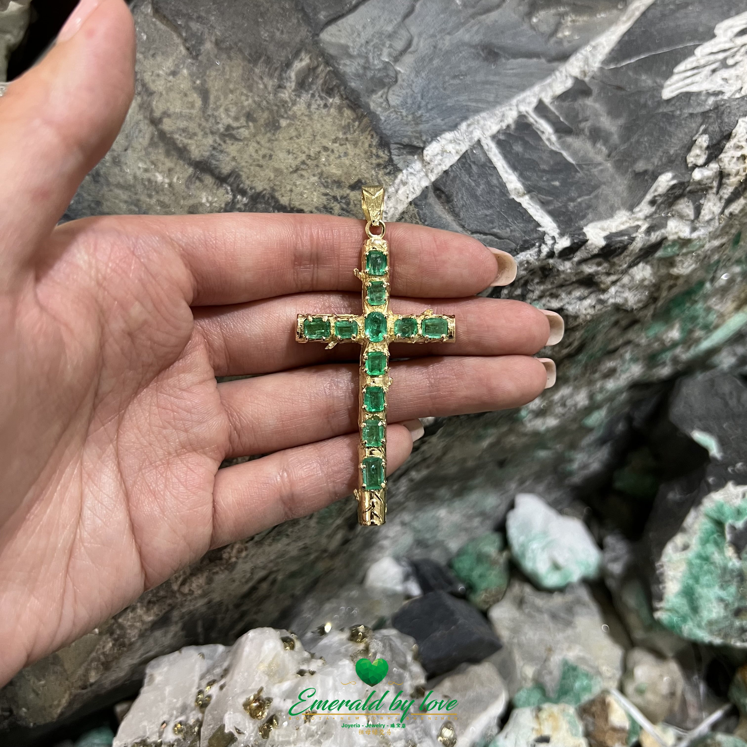 Gold Cross Pendant with Central Oval Emerald & Rectangular Emerald Arms
