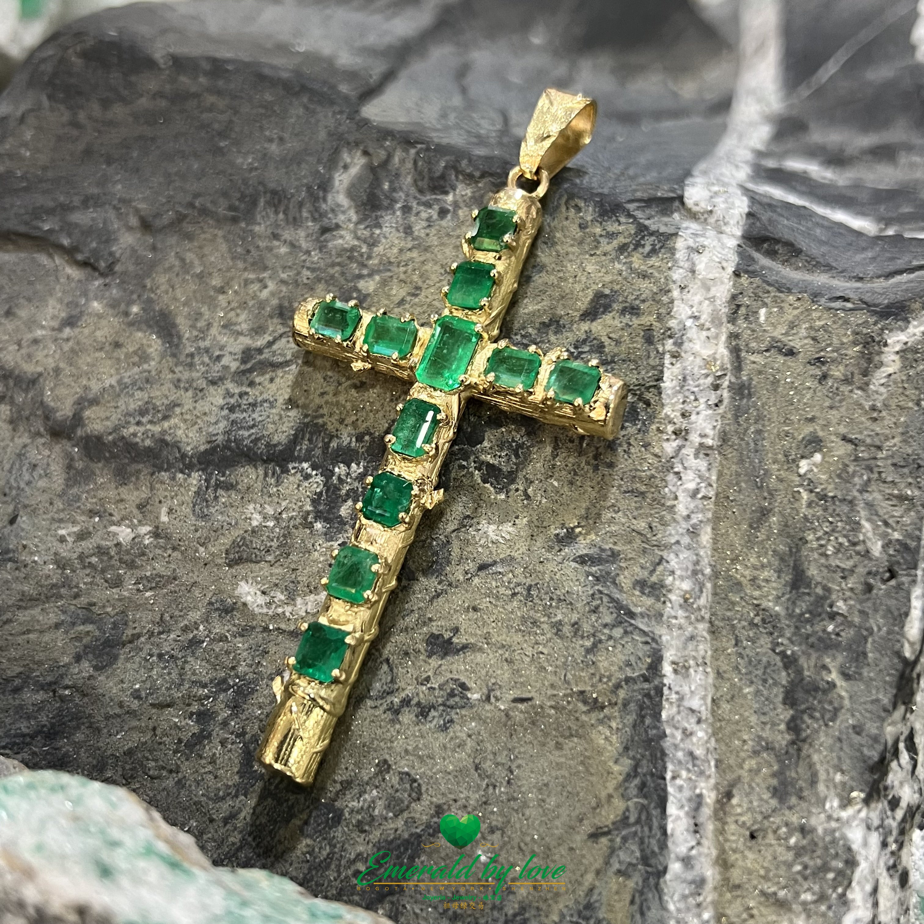 Yellow Gold Tree-Trunk Cross with Rectangular Colombian Emeralds