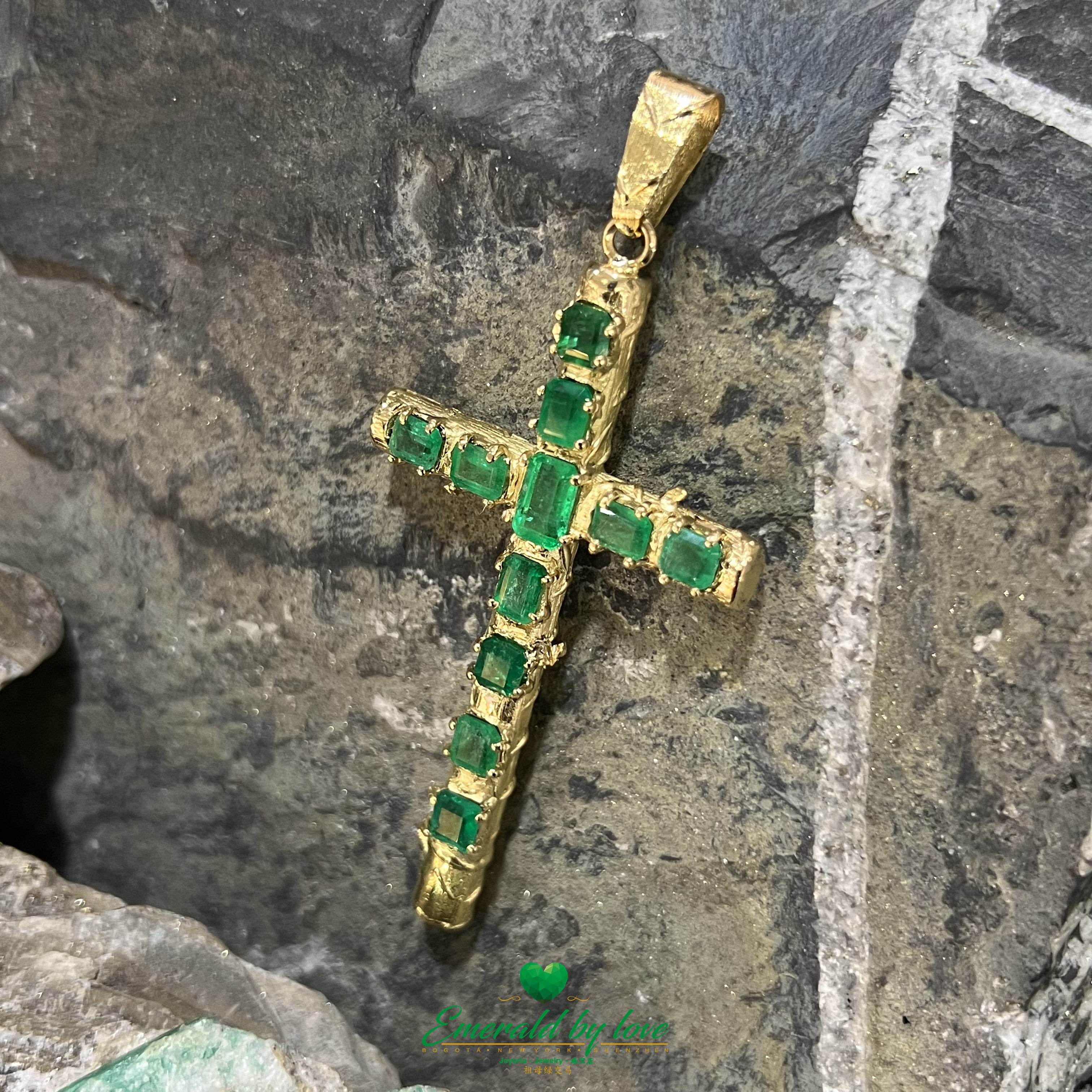 Yellow Gold Tree-Trunk Cross with Rectangular Colombian Emeralds