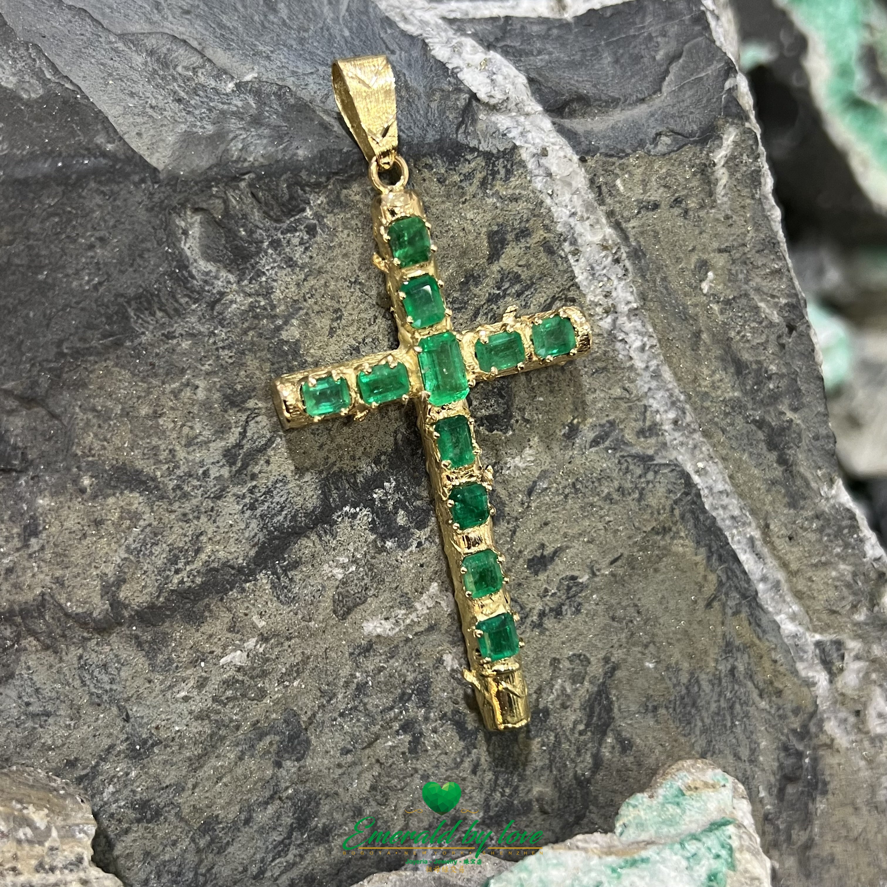 Yellow Gold Tree-Trunk Cross with Rectangular Colombian Emeralds