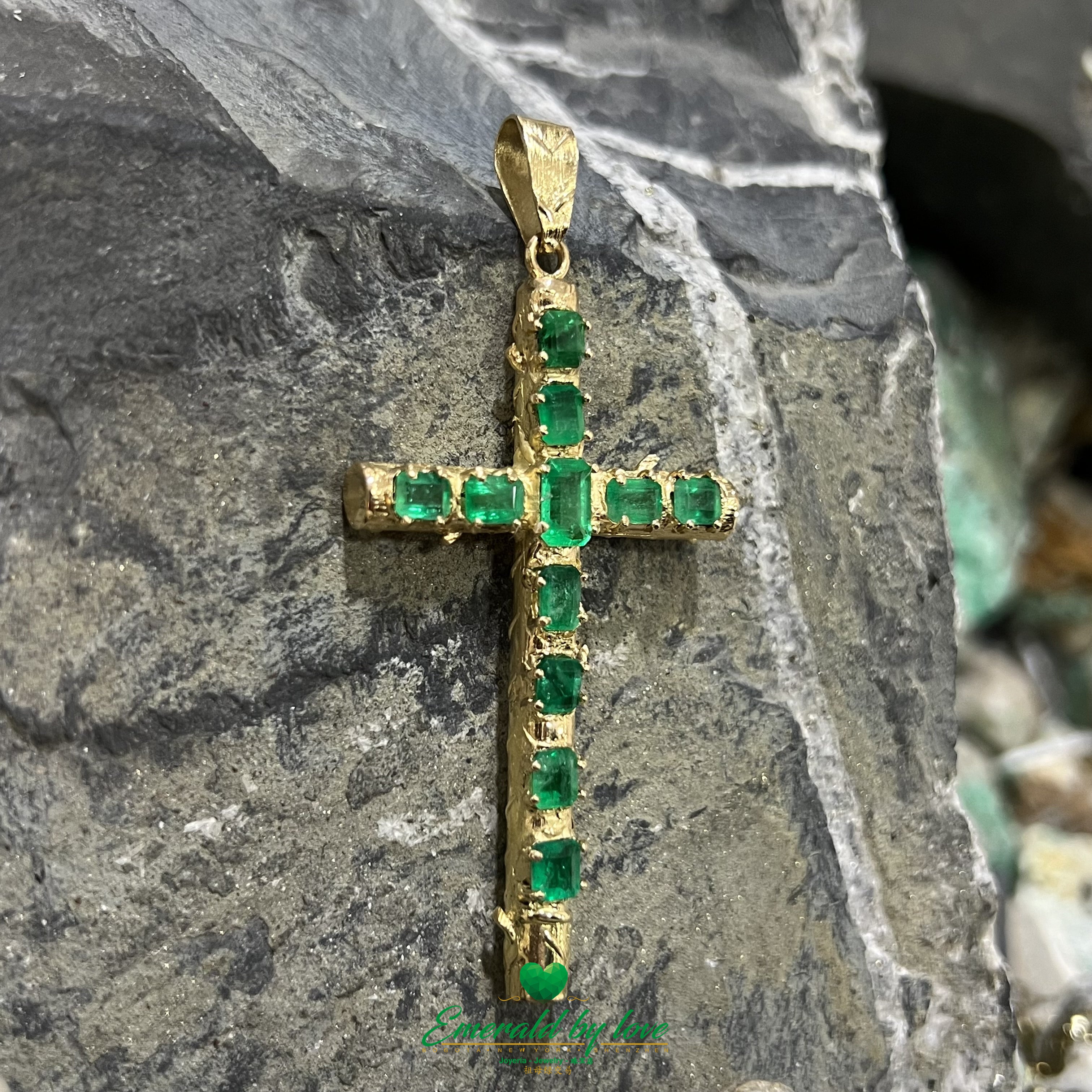 Yellow Gold Tree-Trunk Cross with Rectangular Colombian Emeralds
