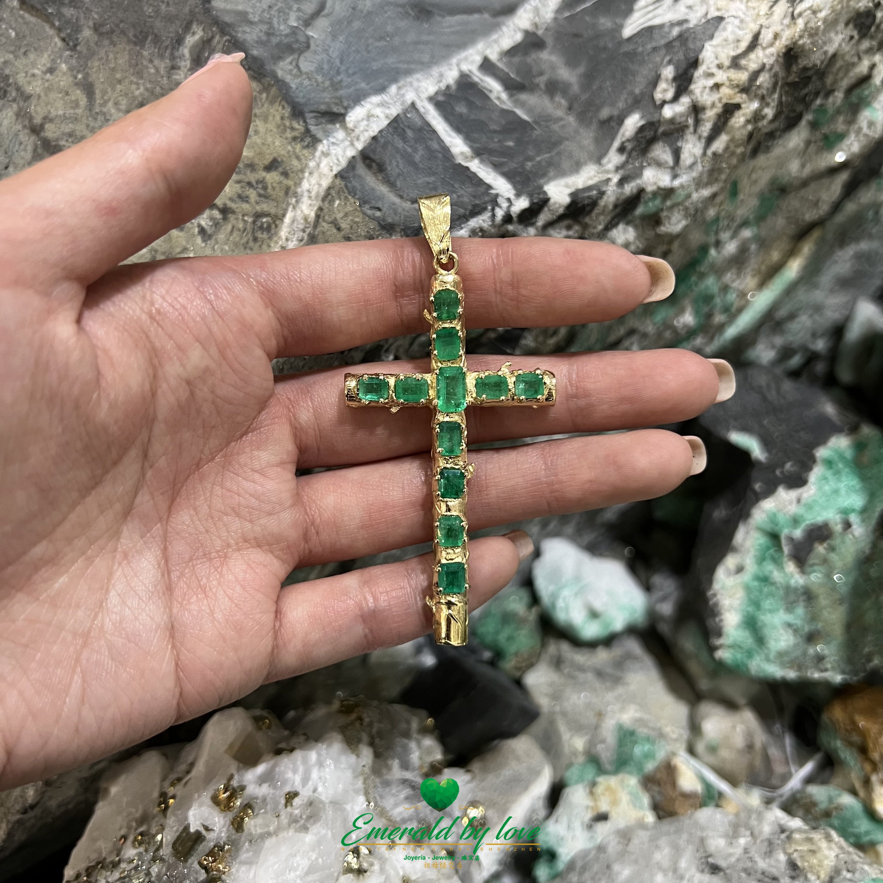Yellow Gold Tree-Trunk Cross with Rectangular Colombian Emeralds