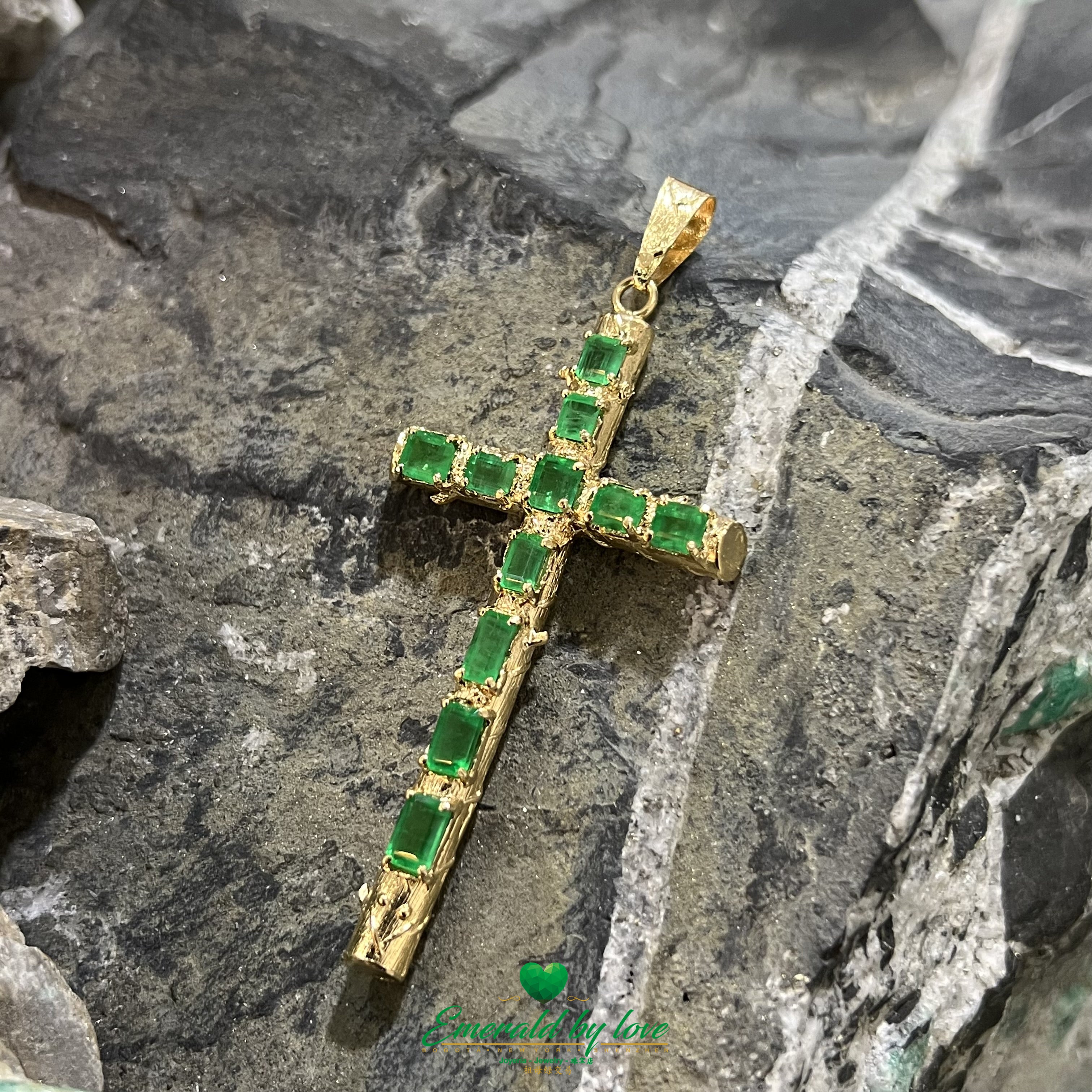 Yellow Gold Tree Trunk Pendant with Emerald Cut & Rectangular Colombian Emeralds