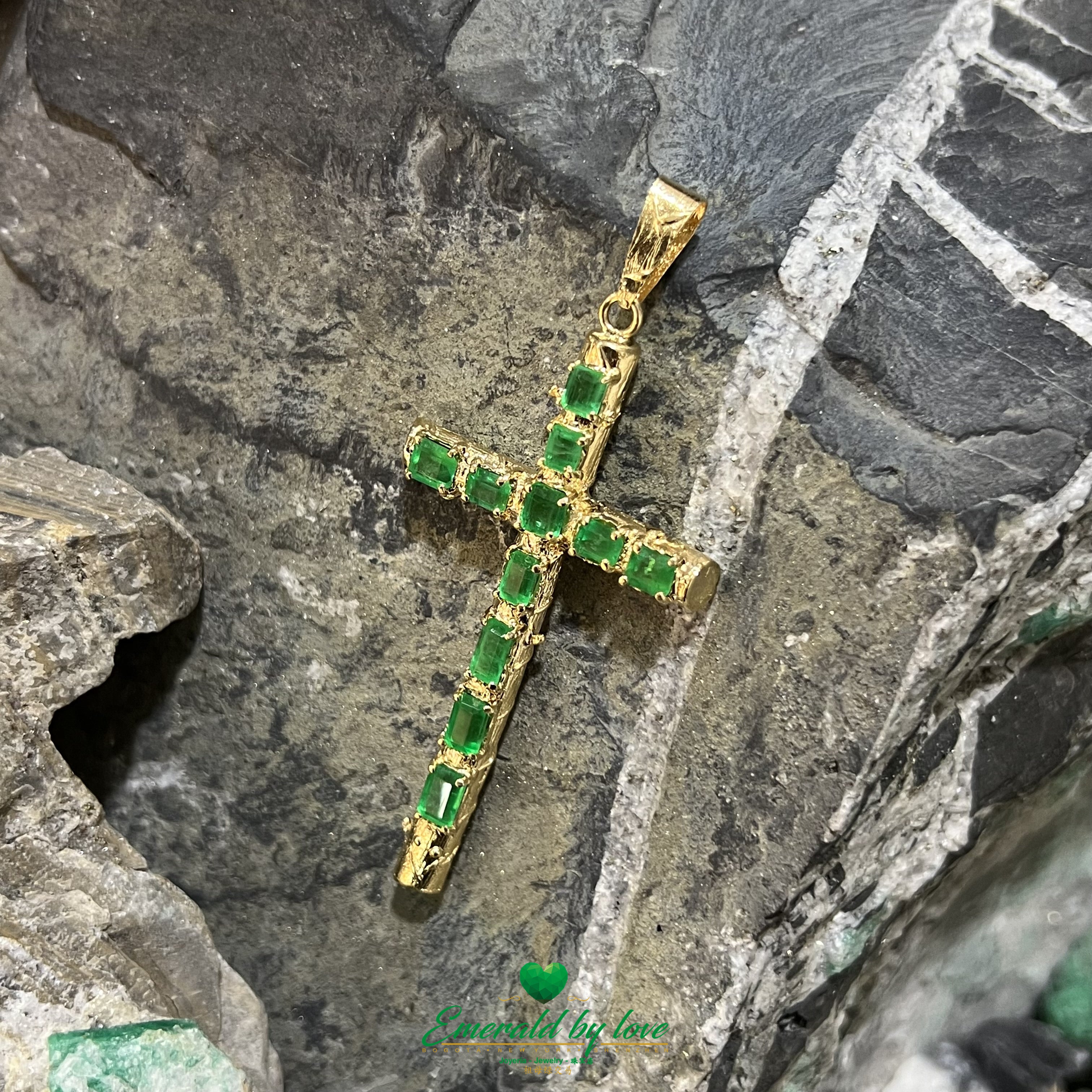 Yellow Gold Tree Trunk Pendant with Emerald Cut & Rectangular Colombian Emeralds