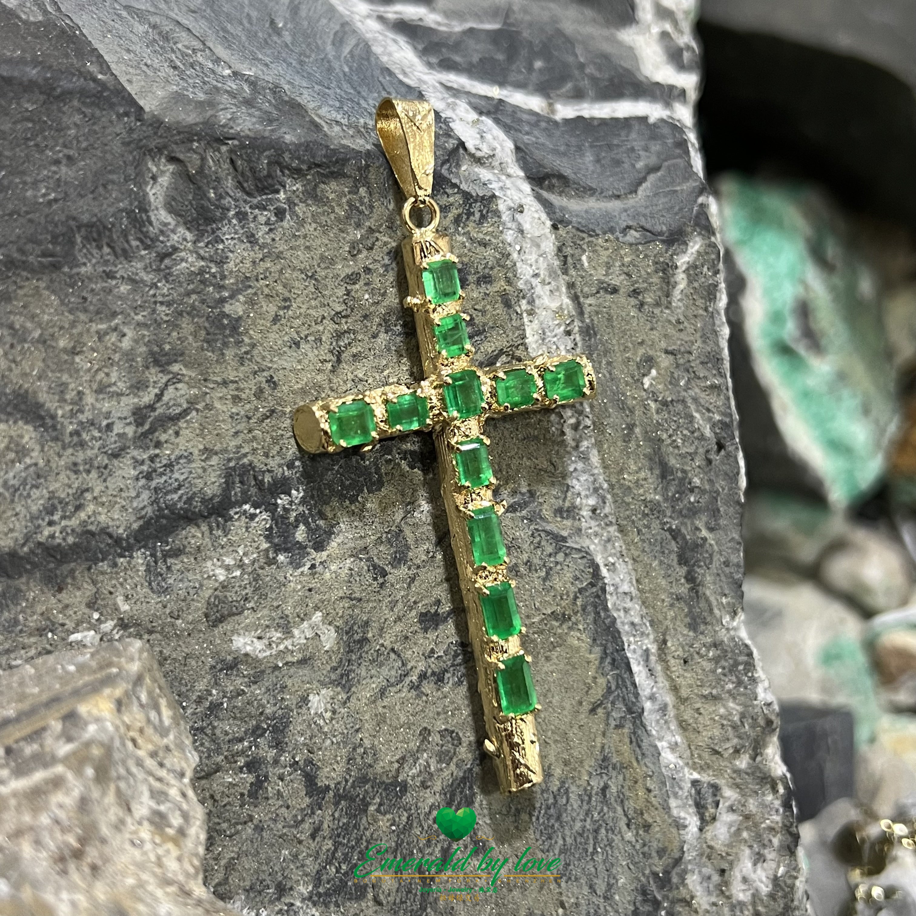 Yellow Gold Tree Trunk Pendant with Emerald Cut & Rectangular Colombian Emeralds