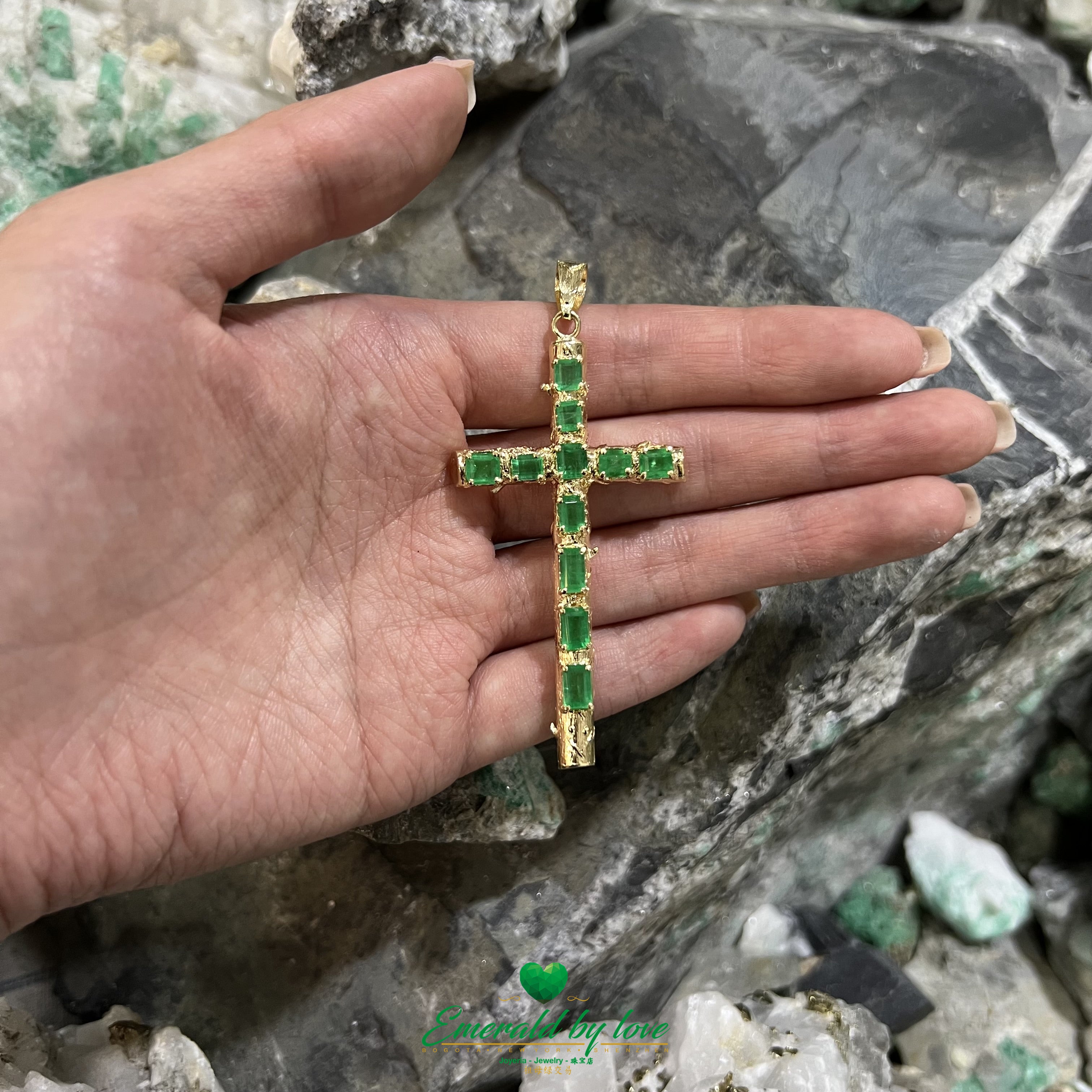 Yellow Gold Tree Trunk Pendant with Emerald Cut & Rectangular Colombian Emeralds