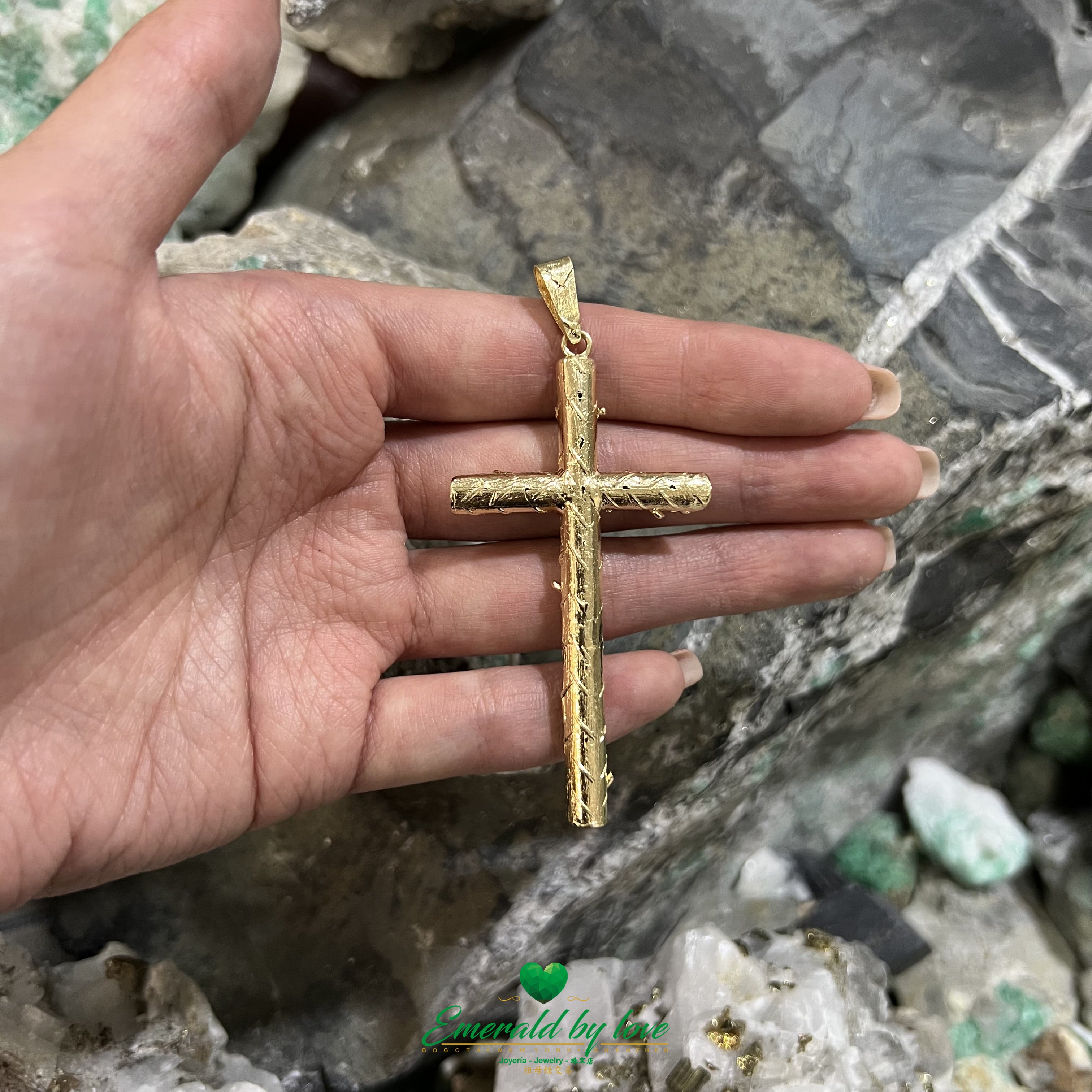Yellow Gold Tree Trunk Pendant with Emerald Cut & Rectangular Colombian Emeralds