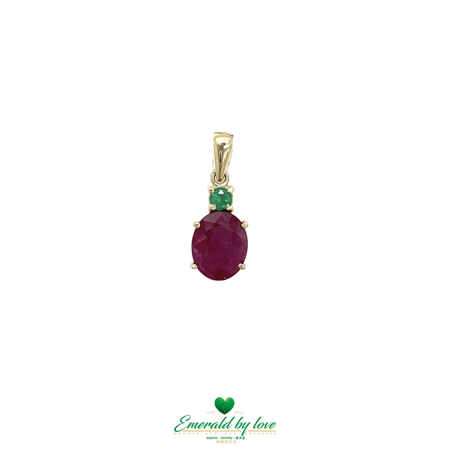 Exquisite 18K Yellow Gold Pendant with oval Ruby and Round Colombian Emerald