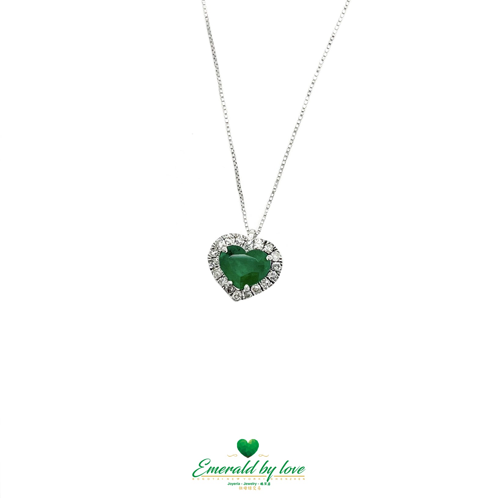 Pendentif émeraude en forme de cœur en or blanc 18 carats avec diamants