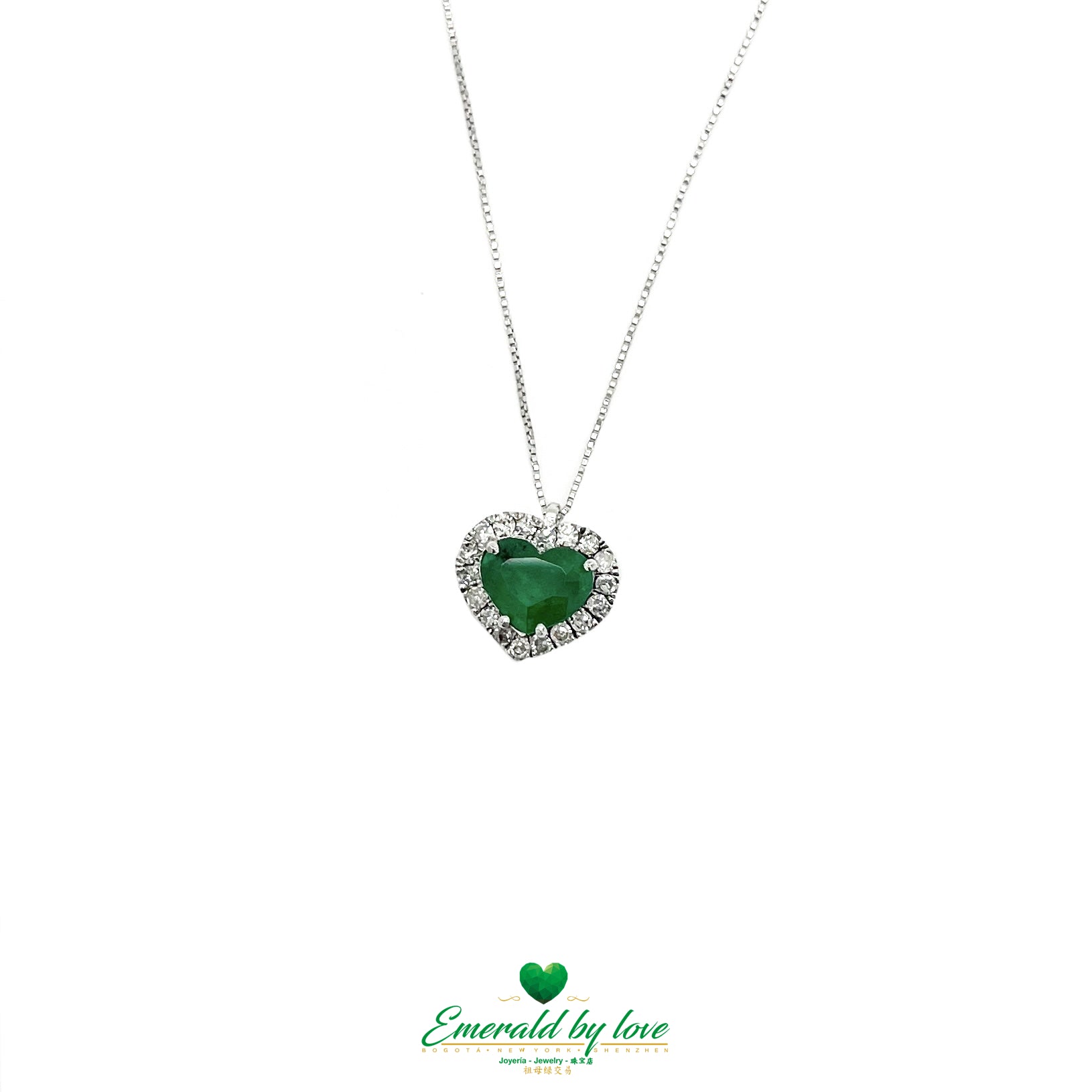 Heart-Shaped Emerald Pendant in 18K White Gold with Diamonds