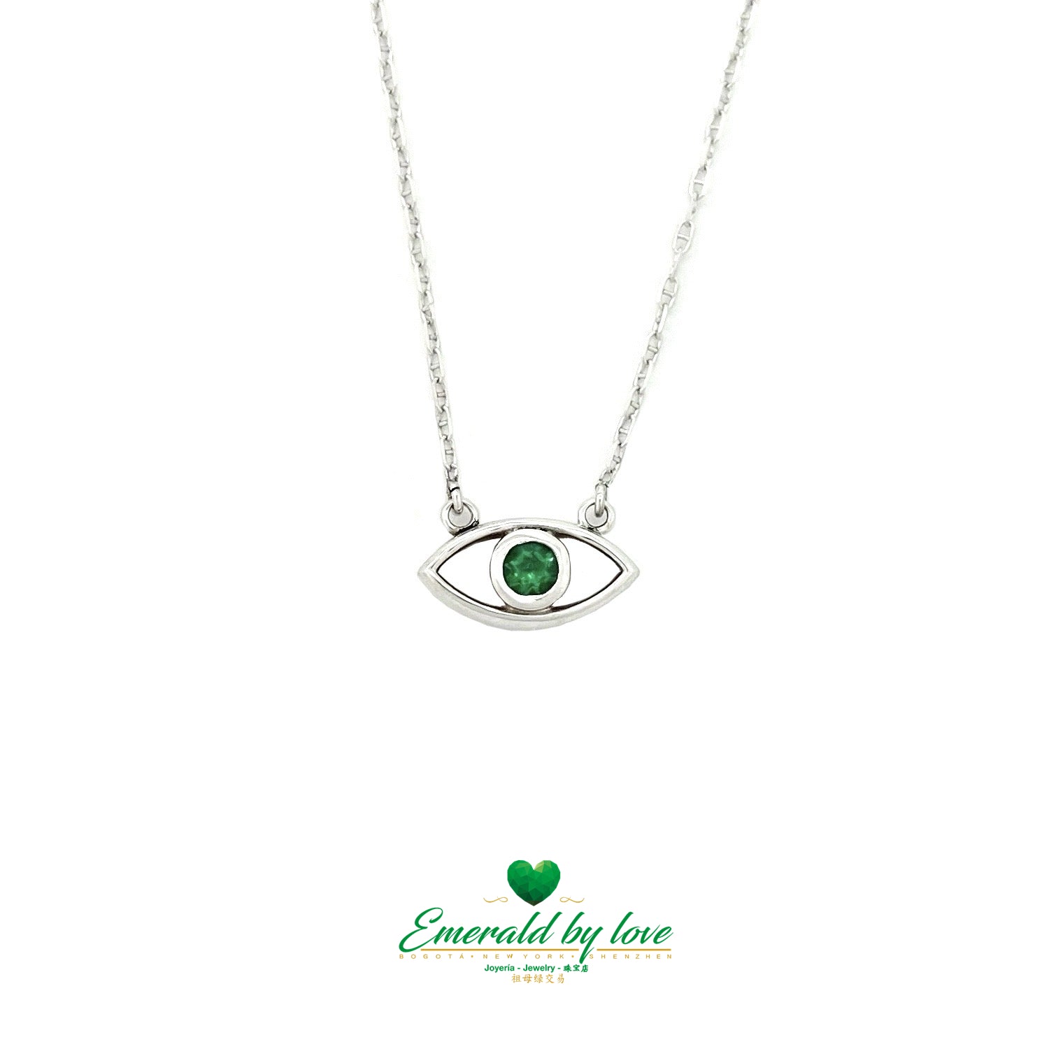 Ethereal Gaze: White Gold Eye Pendant with Round Emerald Center