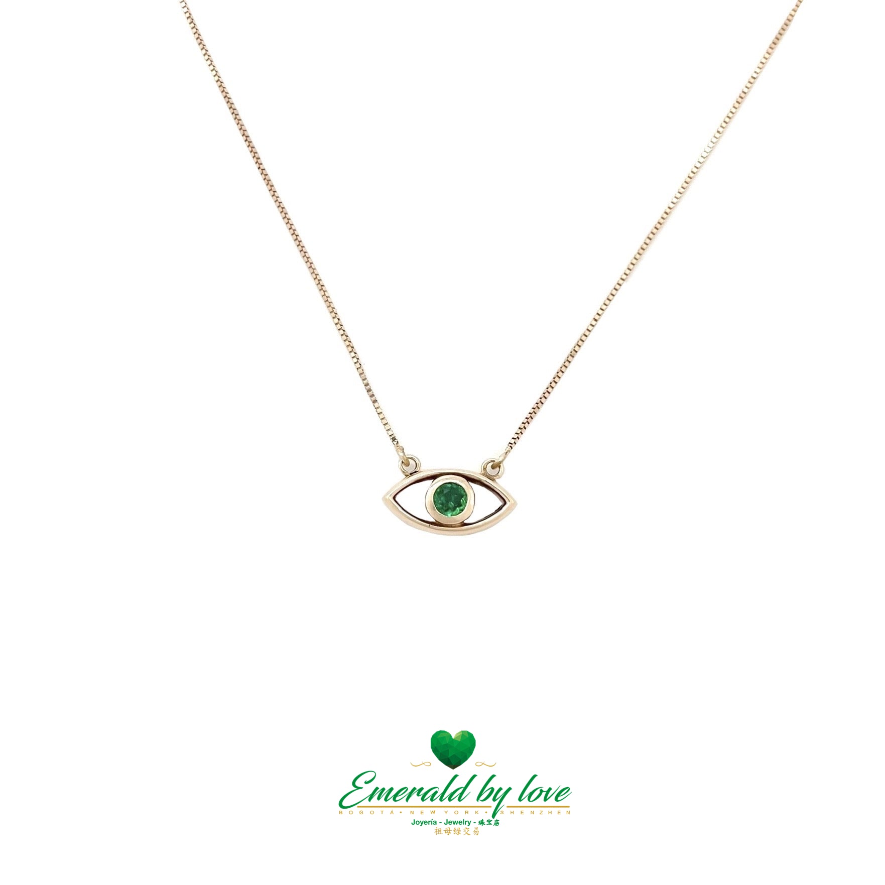 Roseate Vision: Rose Gold Eye Pendant with Round Emerald Center