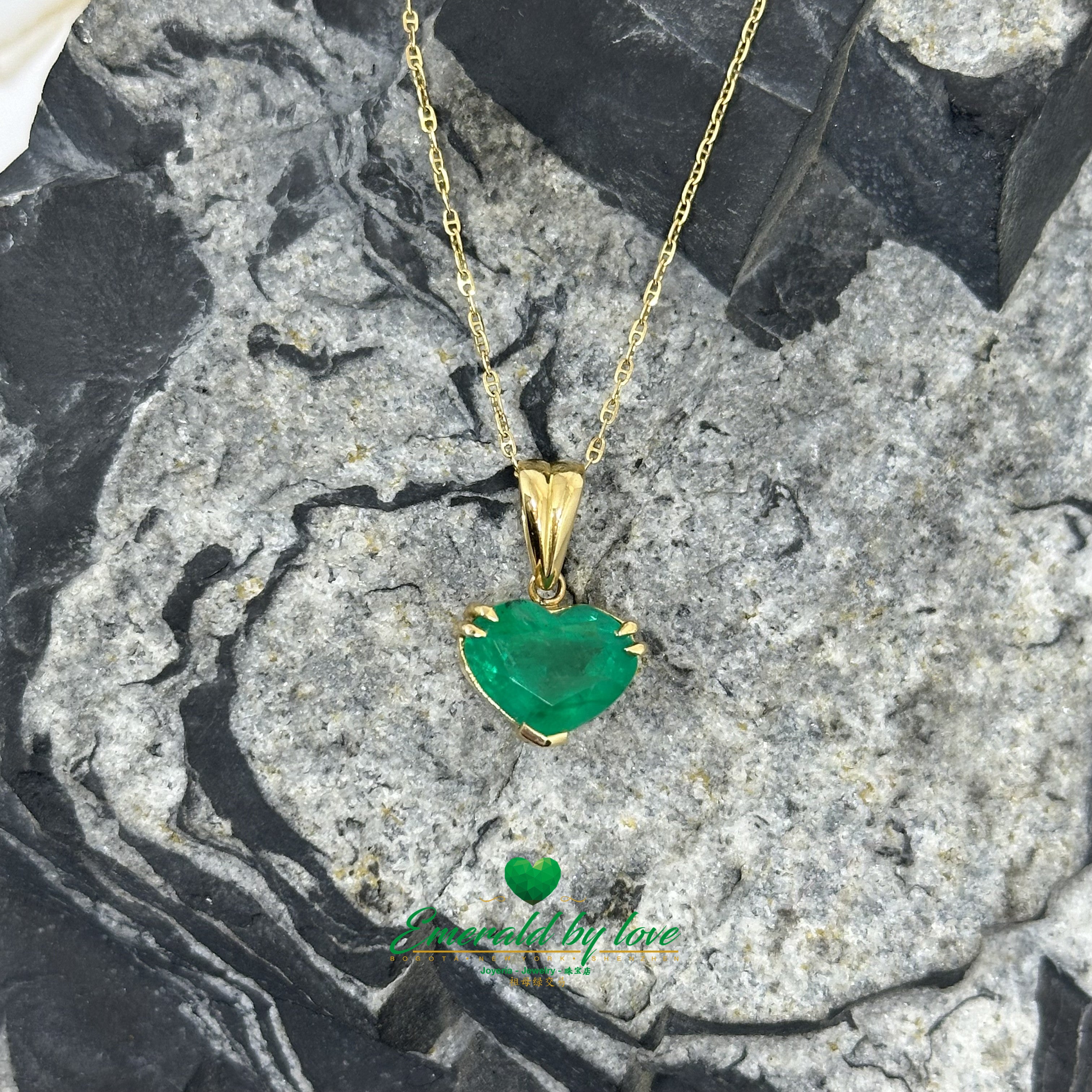 Heart-Shaped Colombian Emerald Pendant with Double Prong Top and V-Prong Bottom