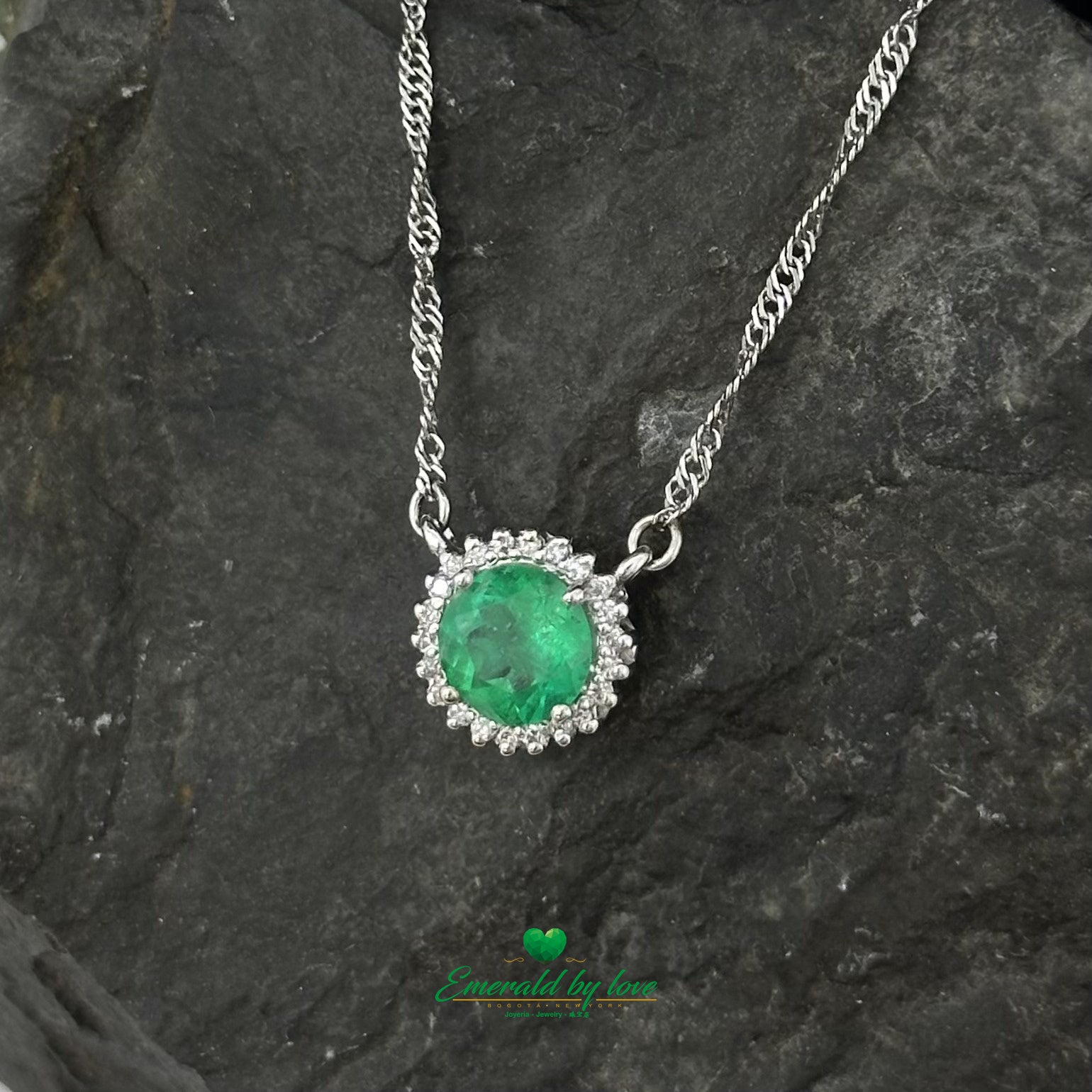 Floral Round Emerald and Diamond Halo Pendant in 18K White Gold