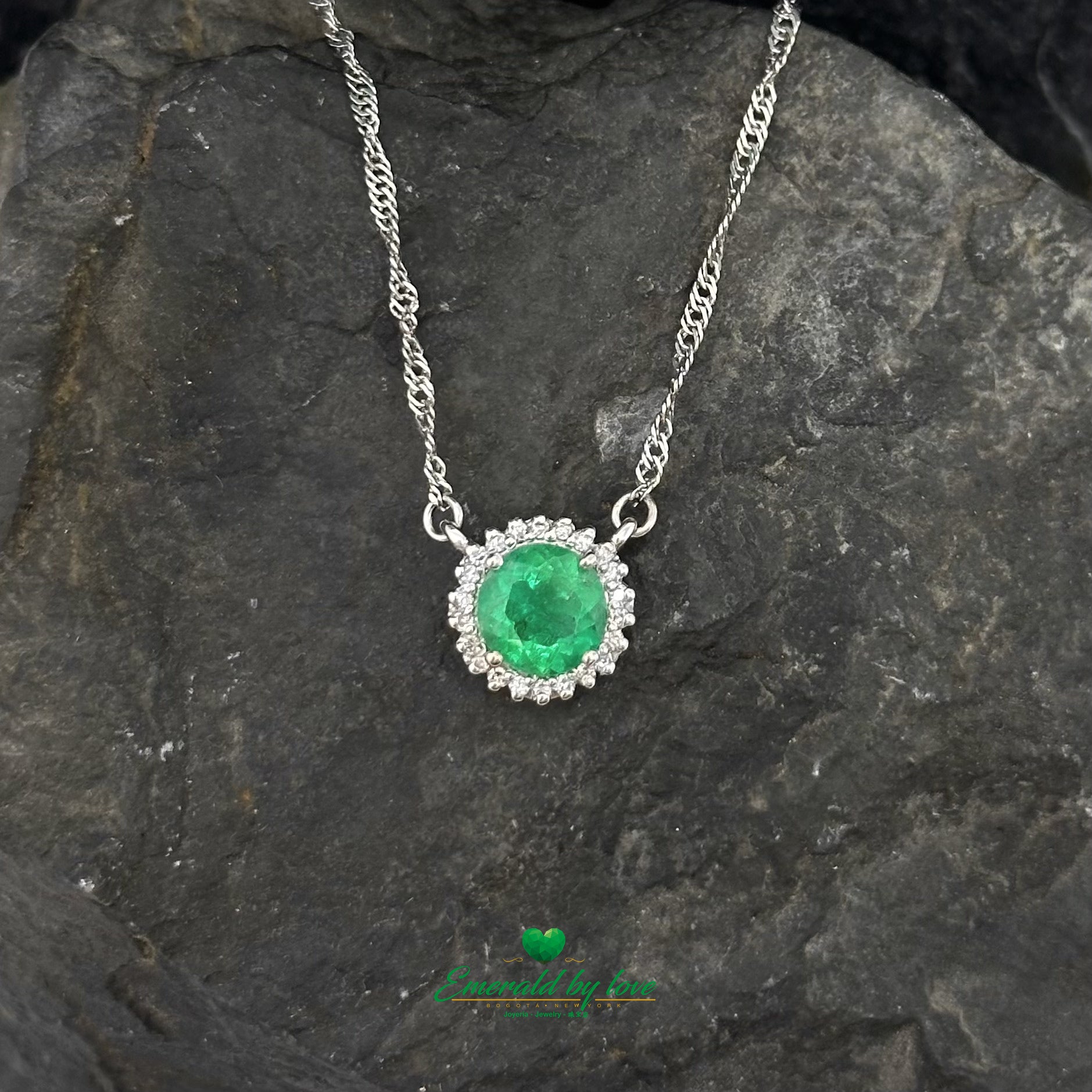 Floral Round Emerald and Diamond Halo Pendant in 18K White Gold