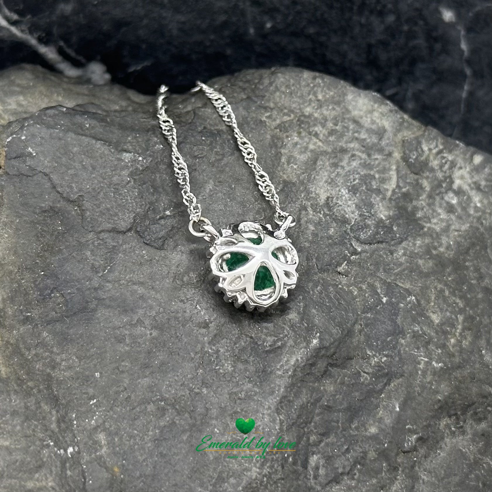 Floral Round Emerald and Diamond Halo Pendant in 18K White Gold