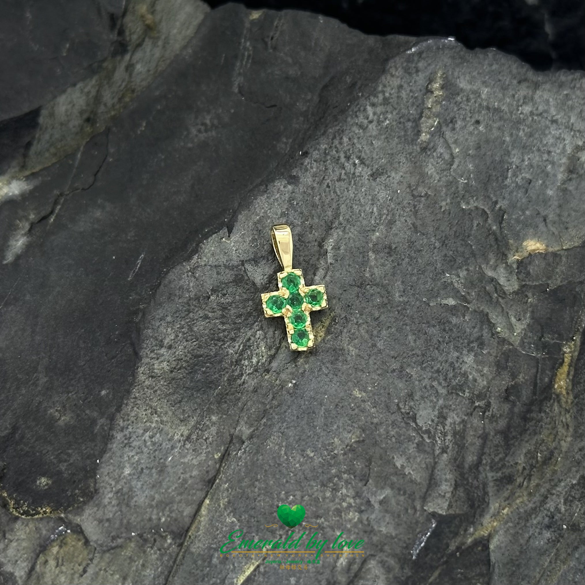 Minimalist Cross Pendant in 18K Yellow Gold with Colombian Emeralds