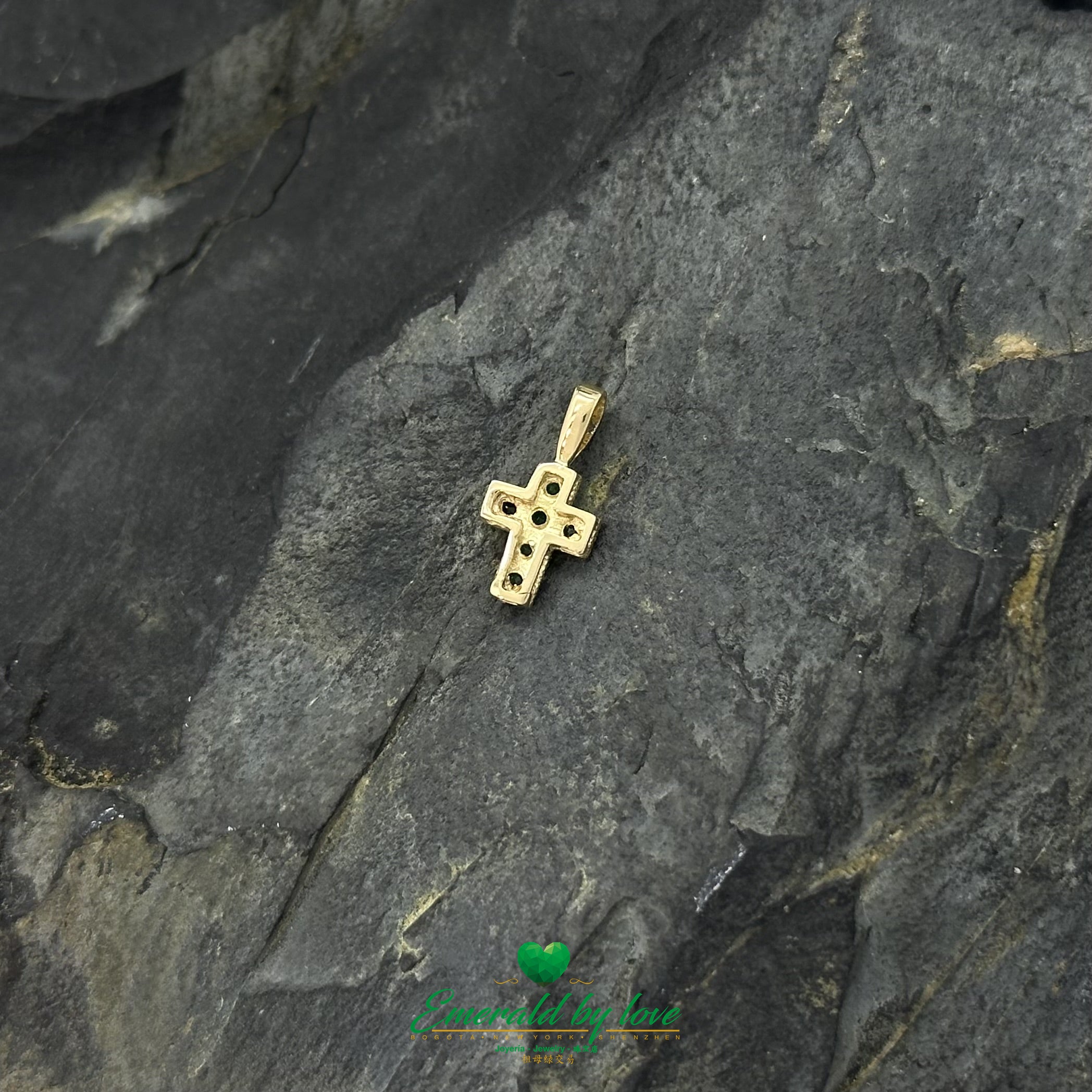 Minimalist Cross Pendant in 18K Yellow Gold with Colombian Emeralds