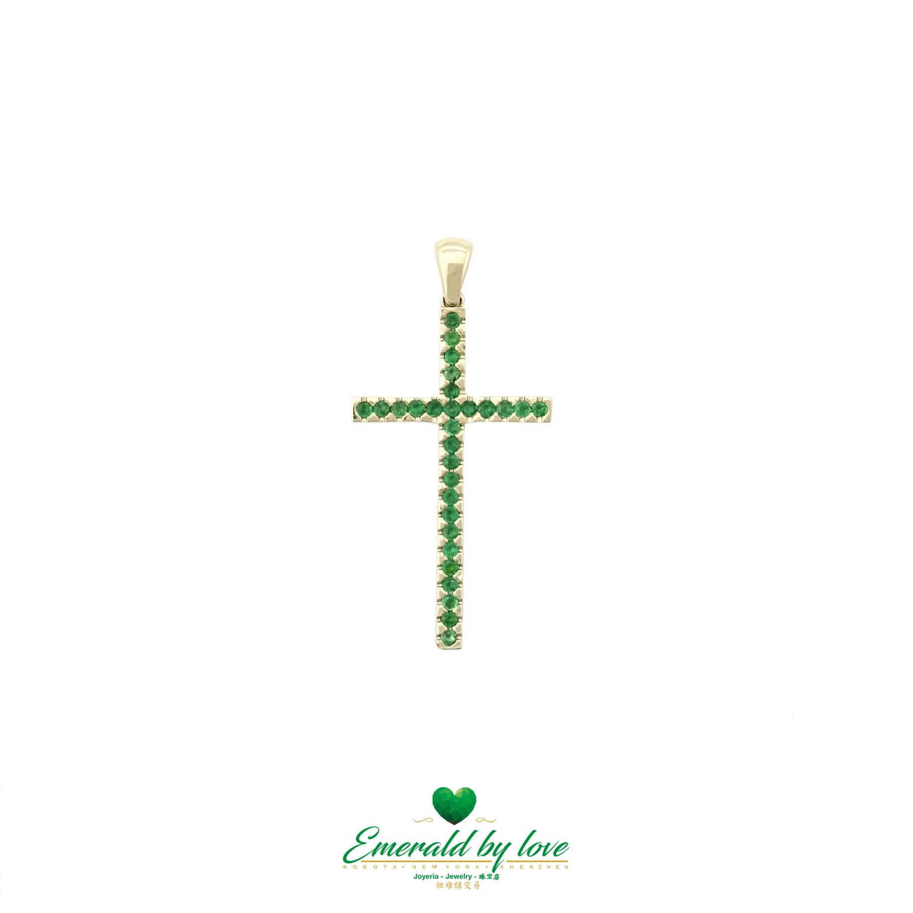 Slim Elongated Cross Pendant in 18K Yellow Gold with Colombian Emeralds