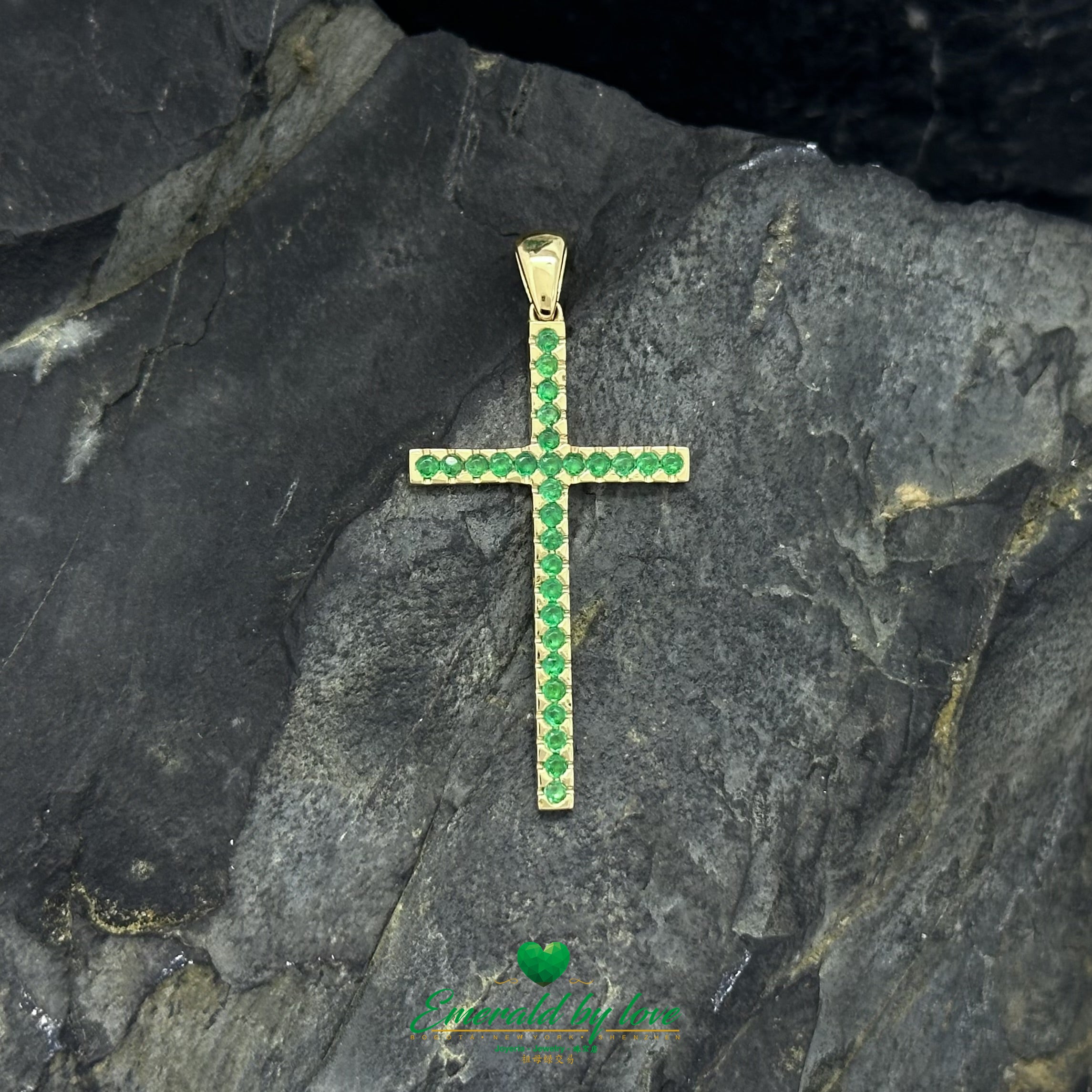 Slim Elongated Cross Pendant in 18K Yellow Gold with Colombian Emeralds