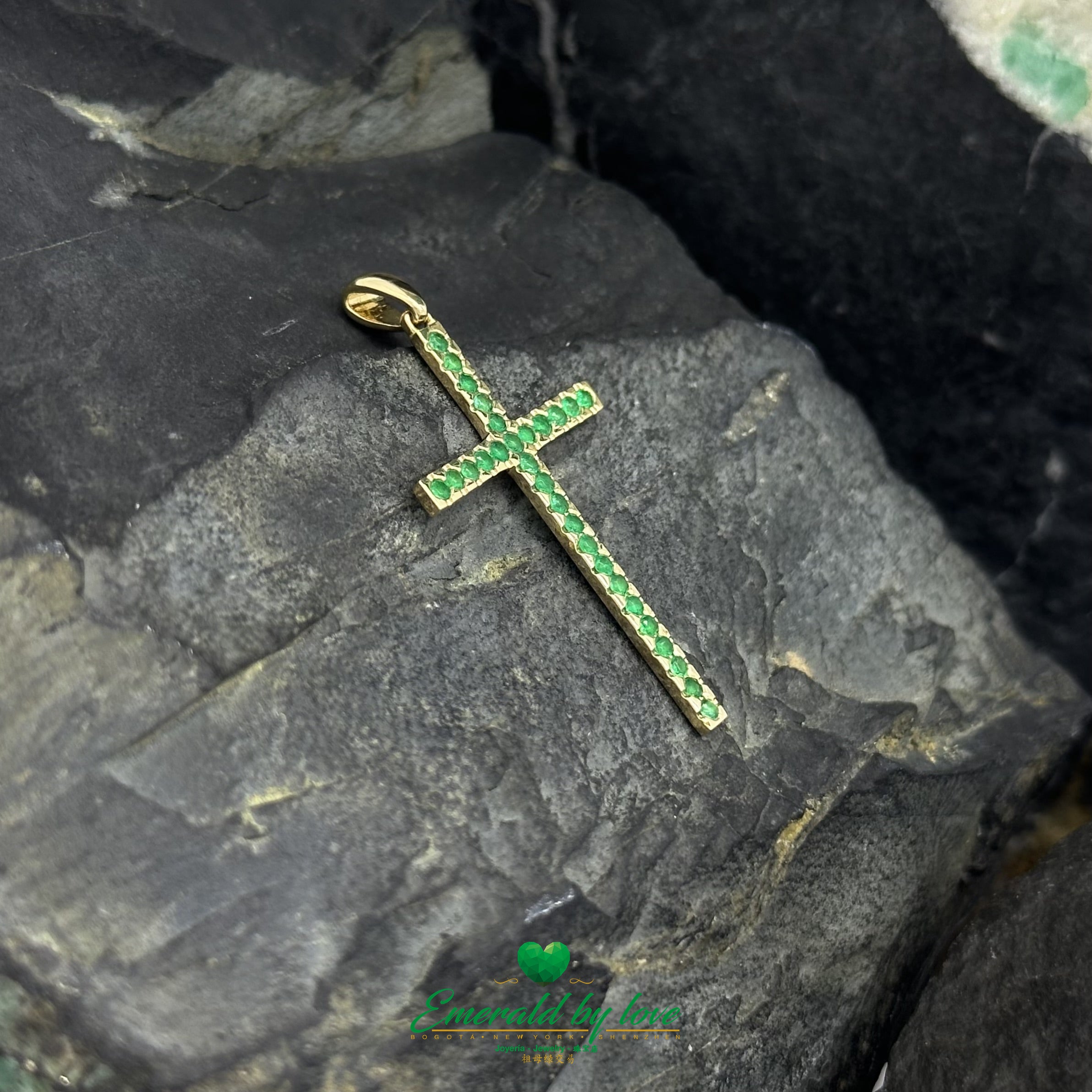 Slim Elongated Cross Pendant in 18K Yellow Gold with Colombian Emeralds