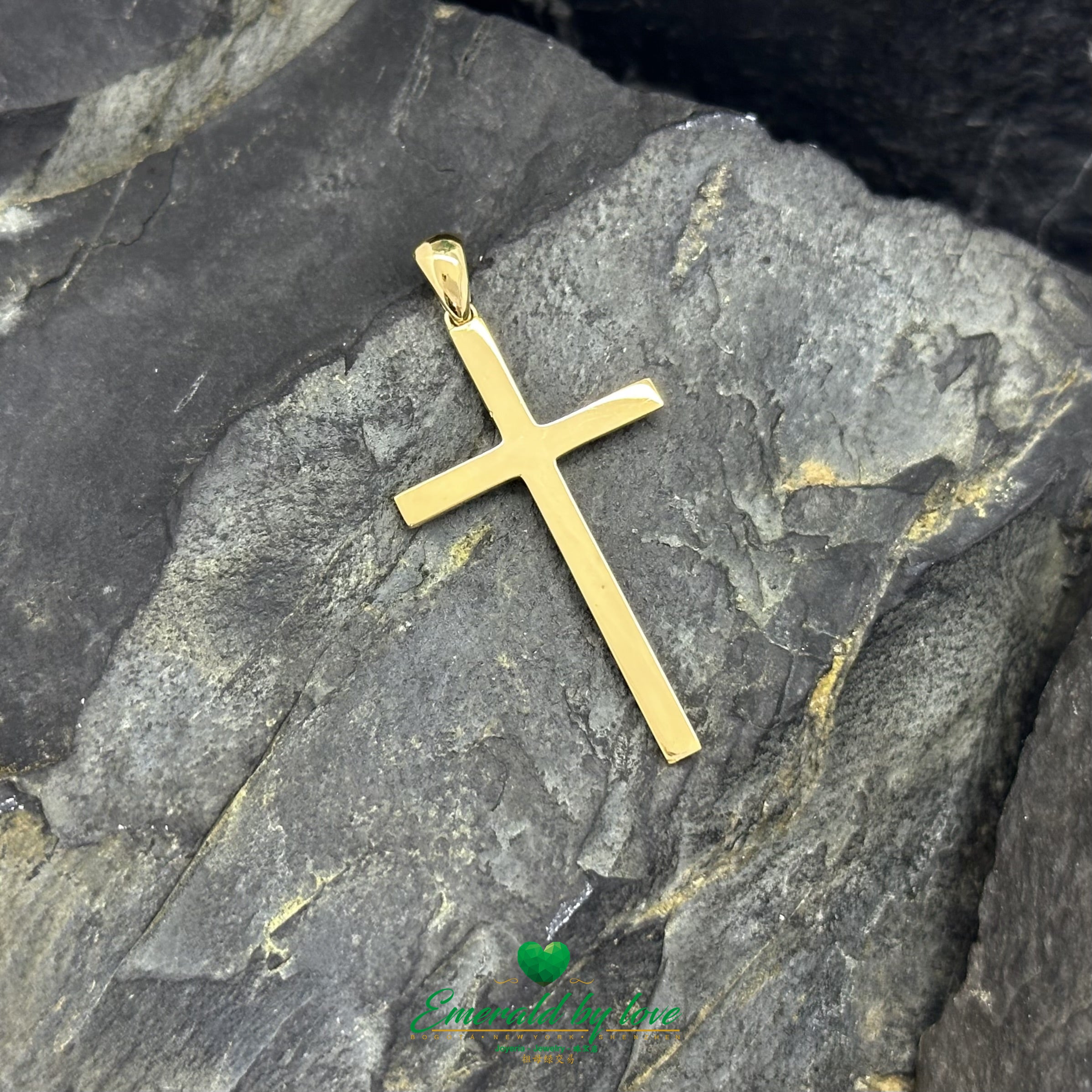 Slim Elongated Cross Pendant in 18K Yellow Gold with Colombian Emeralds