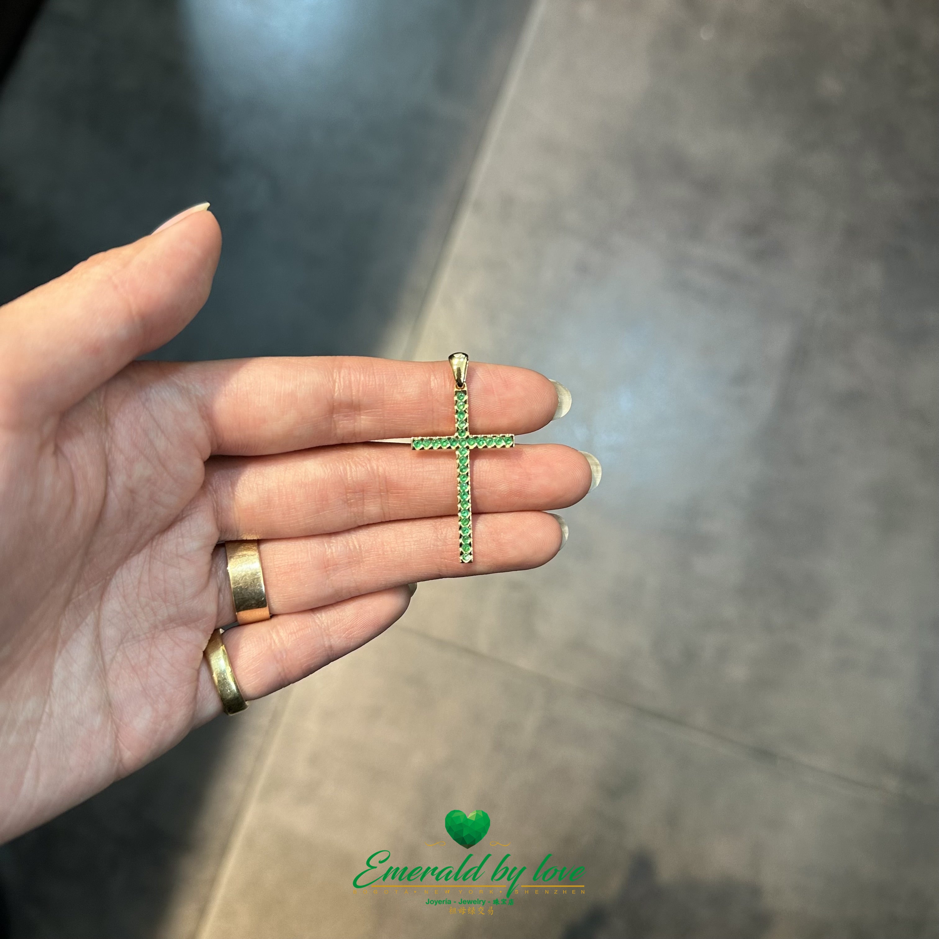 Slim Elongated Cross Pendant in 18K Yellow Gold with Colombian Emeralds