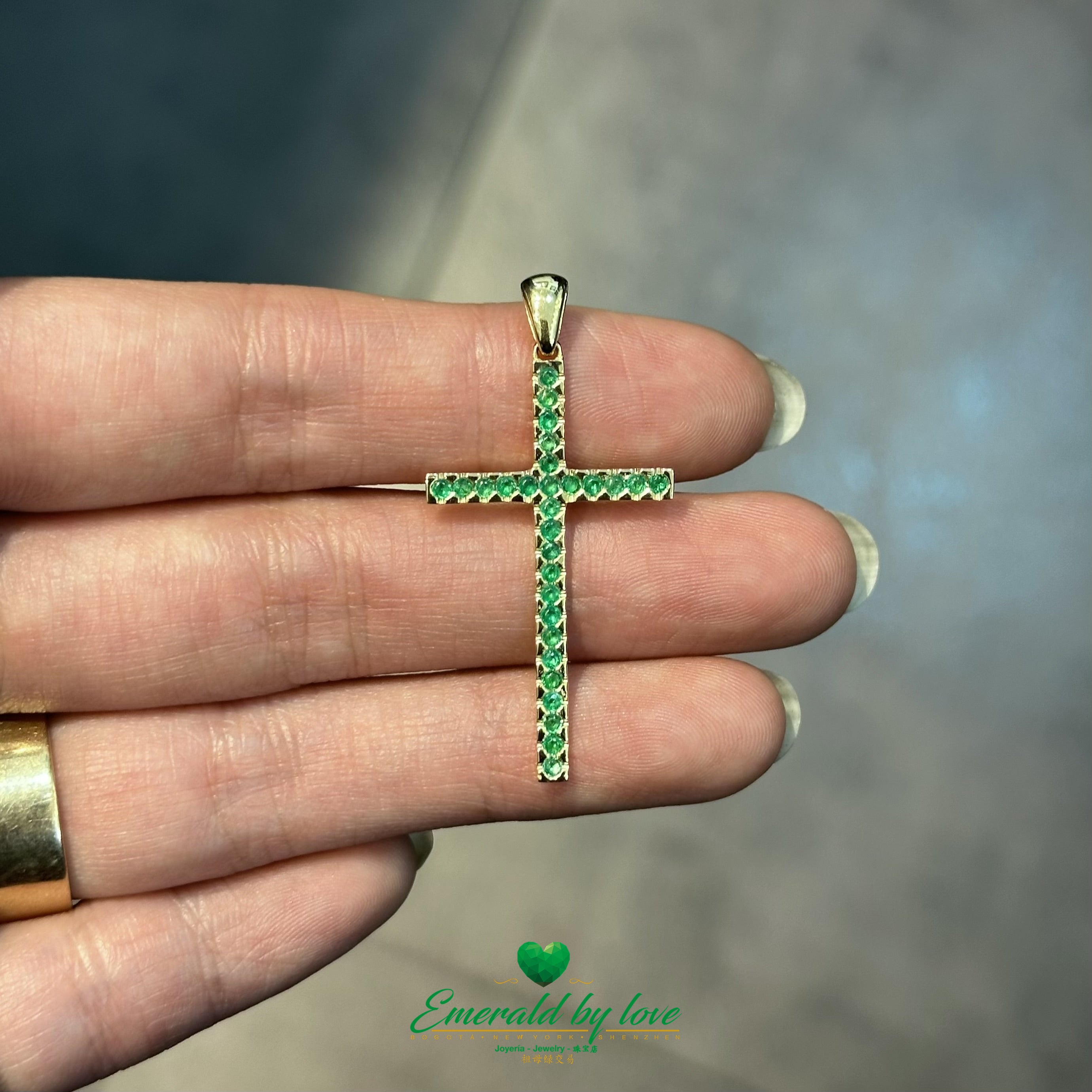 Slim Elongated Cross Pendant in 18K Yellow Gold with Colombian Emeralds