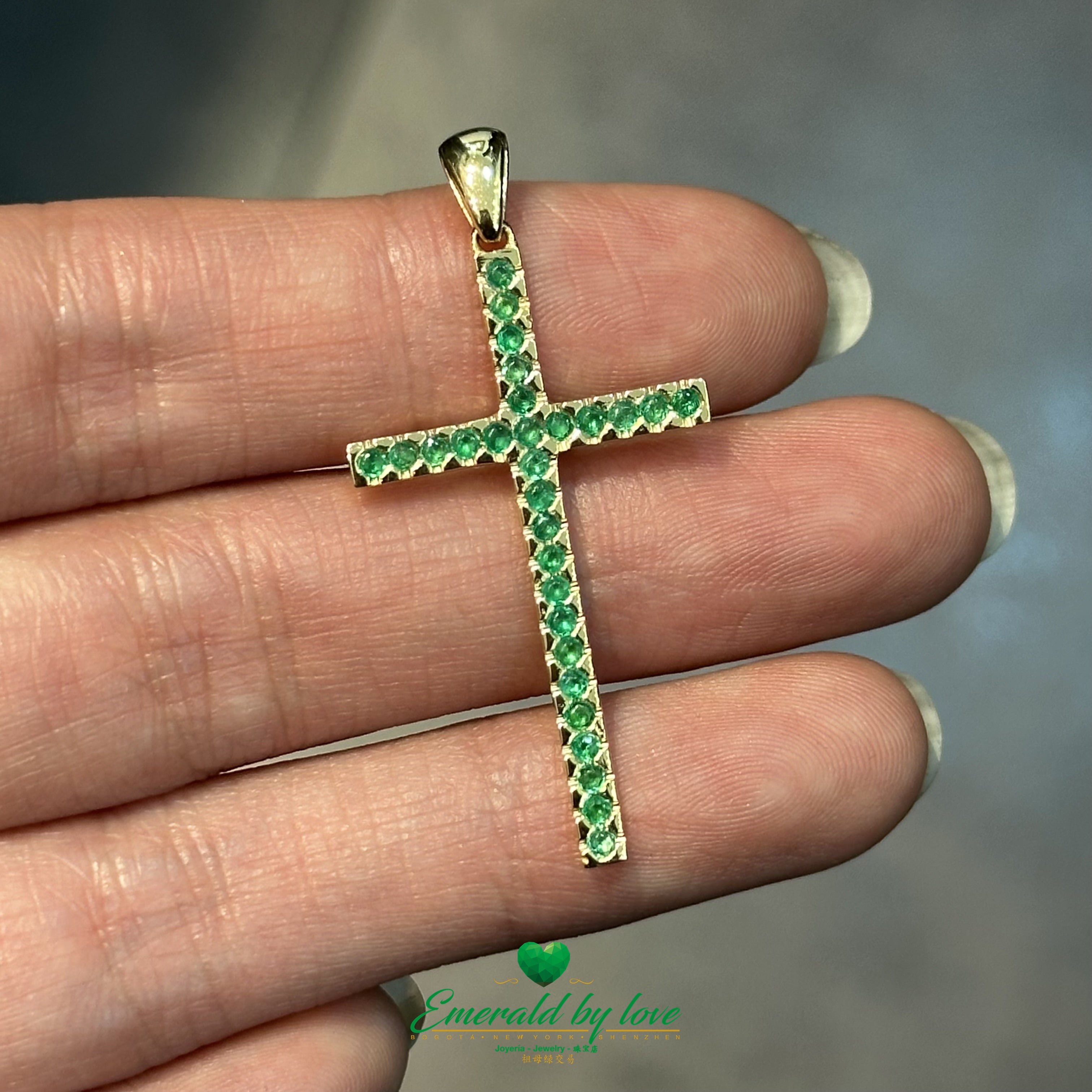 Slim Elongated Cross Pendant in 18K Yellow Gold with Colombian Emeralds