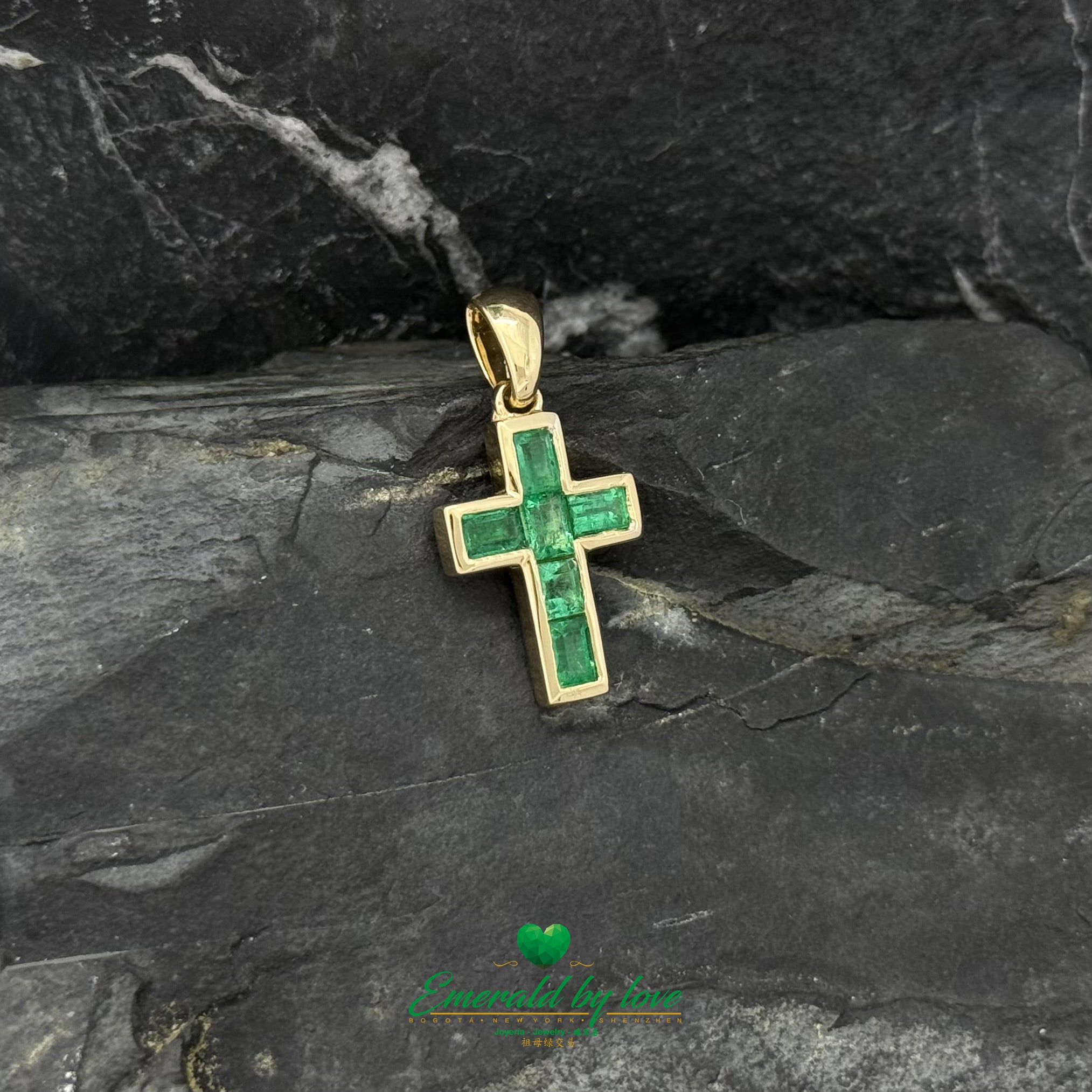 Small 18K Yellow Gold Cross with Bezel-Set Baguette Emeralds
