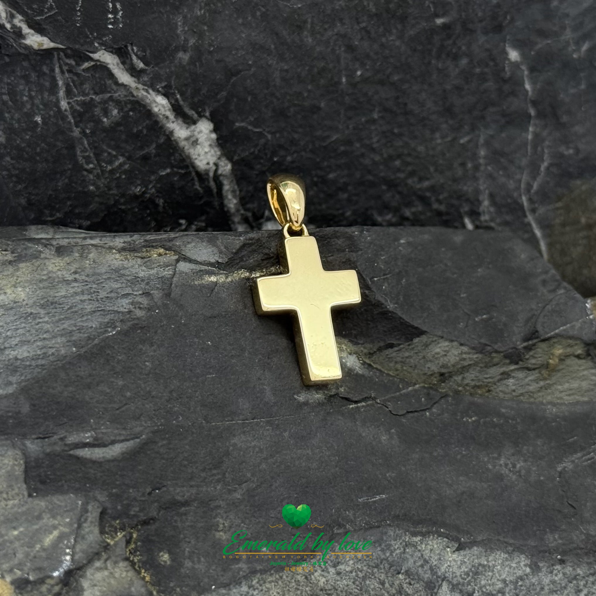 Small 18K Yellow Gold Cross with Bezel-Set Baguette Emeralds
