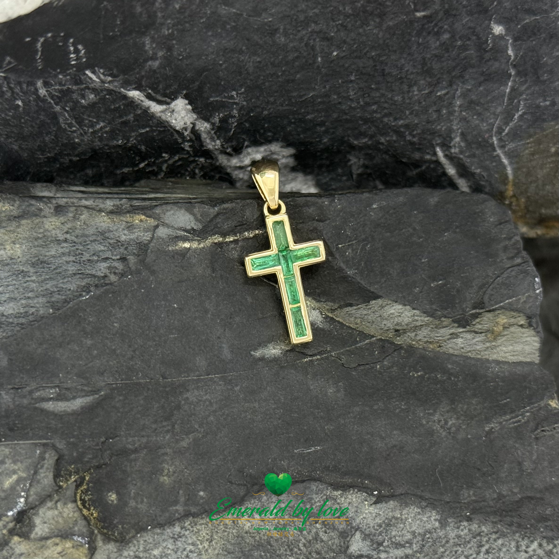 Long 18K Yellow Gold Cross with Bezel-Set Baguette Emeralds