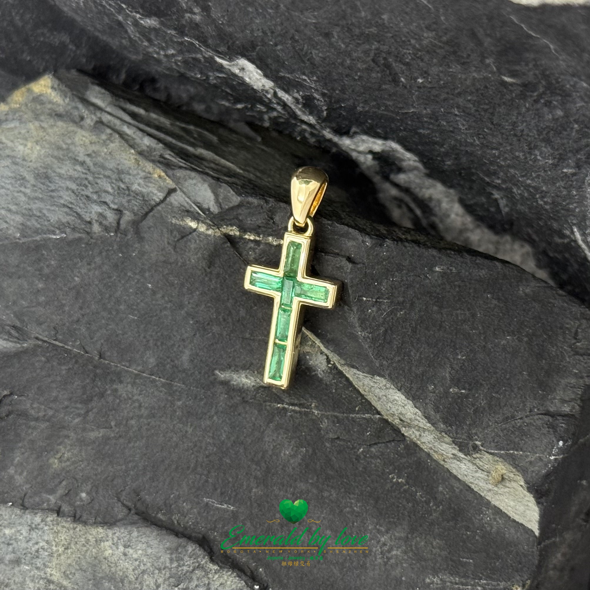 Long 18K Yellow Gold Cross with Bezel-Set Baguette Emeralds