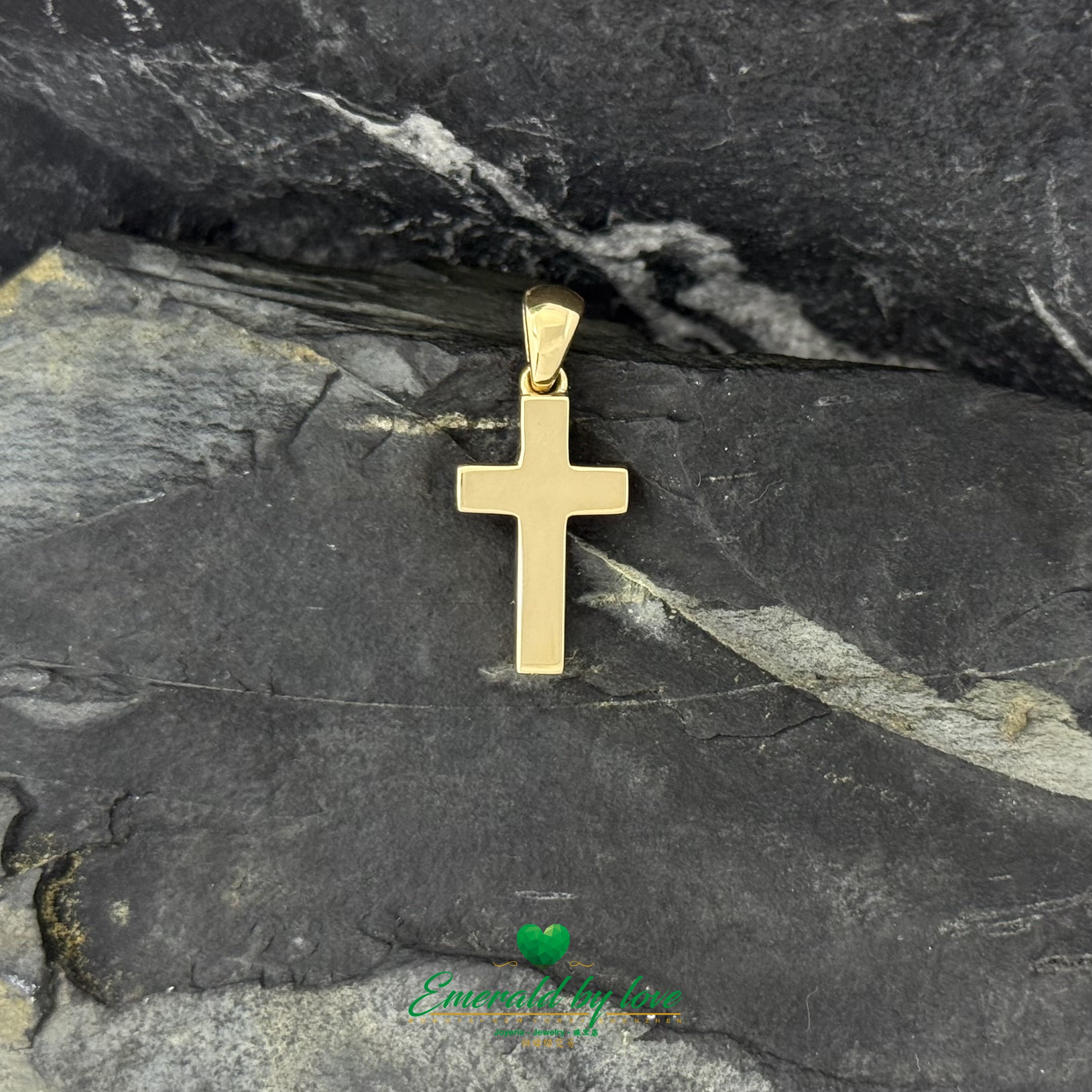 Long 18K Yellow Gold Cross with Bezel-Set Baguette Emeralds