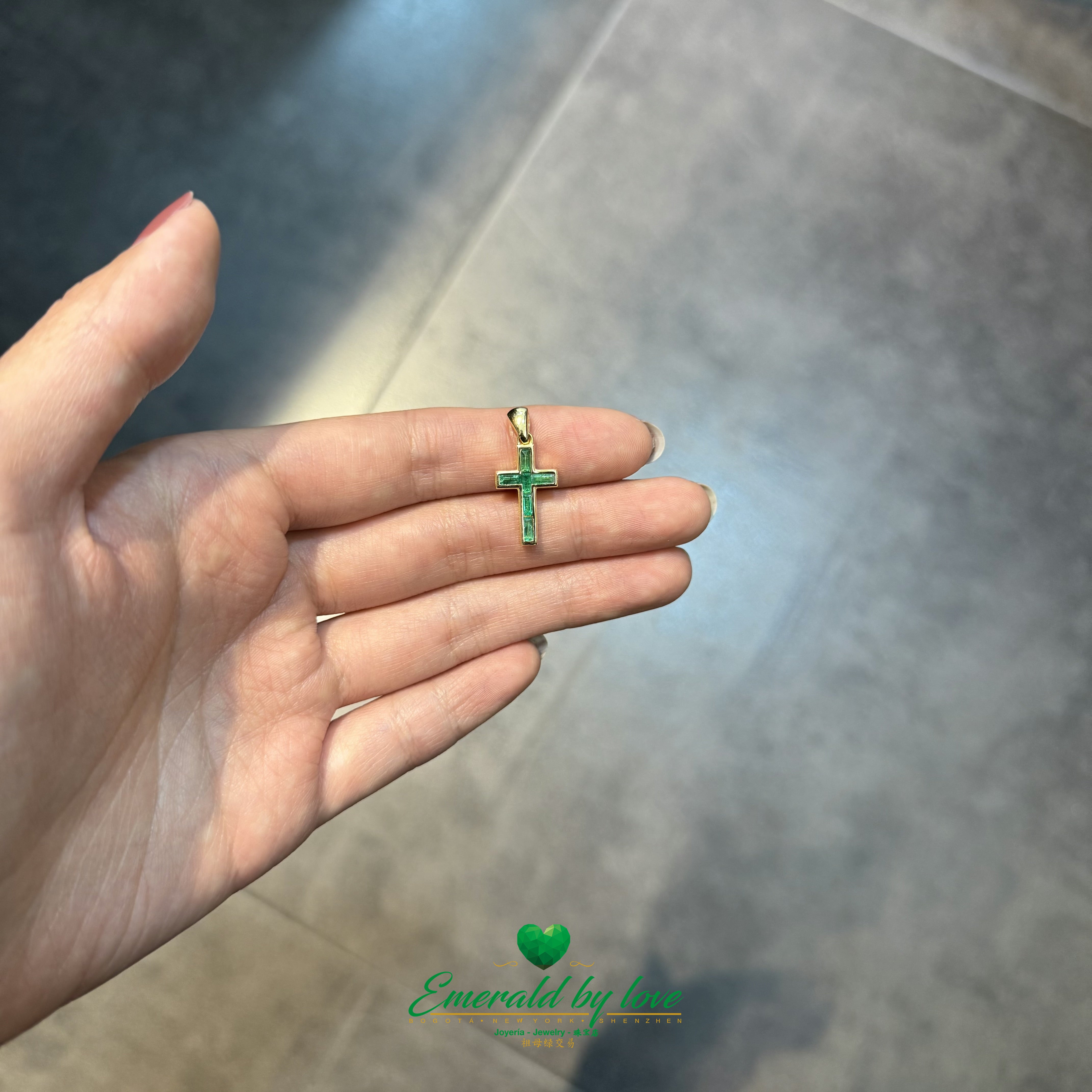 Long 18K Yellow Gold Cross with Bezel-Set Baguette Emeralds