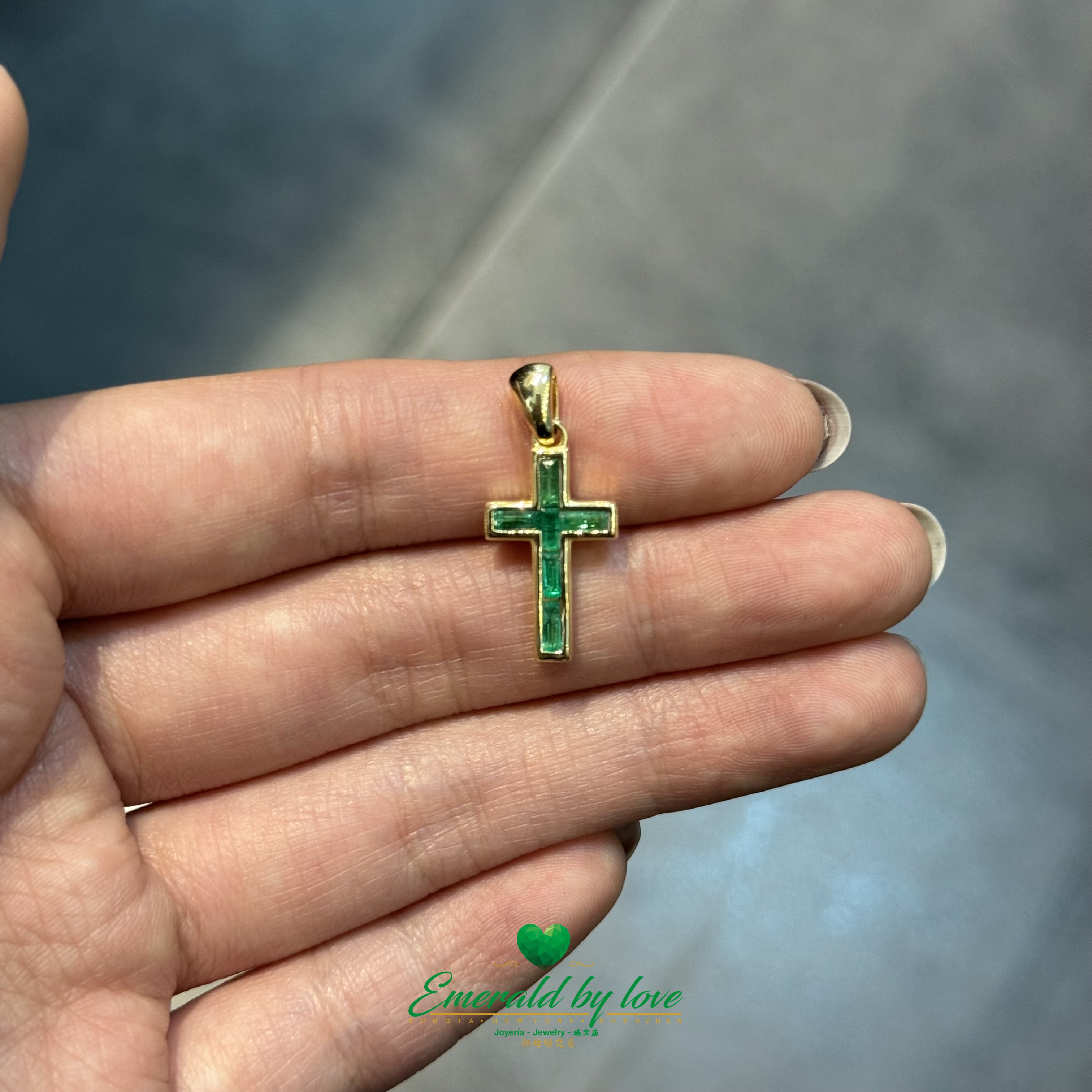 Long 18K Yellow Gold Cross with Bezel-Set Baguette Emeralds