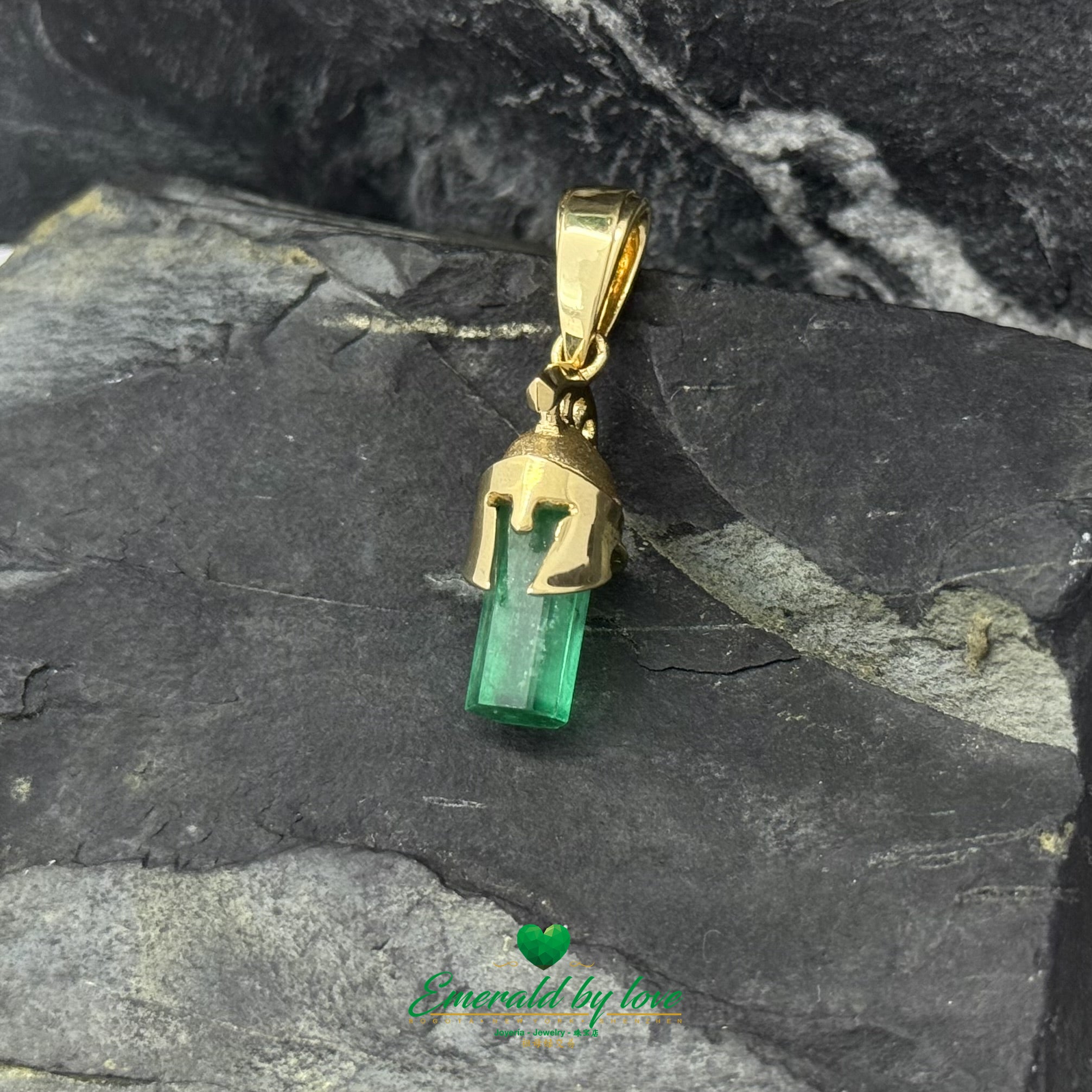 18K Yellow Gold Gladiator Helmet Pendant with Colombian Emerald